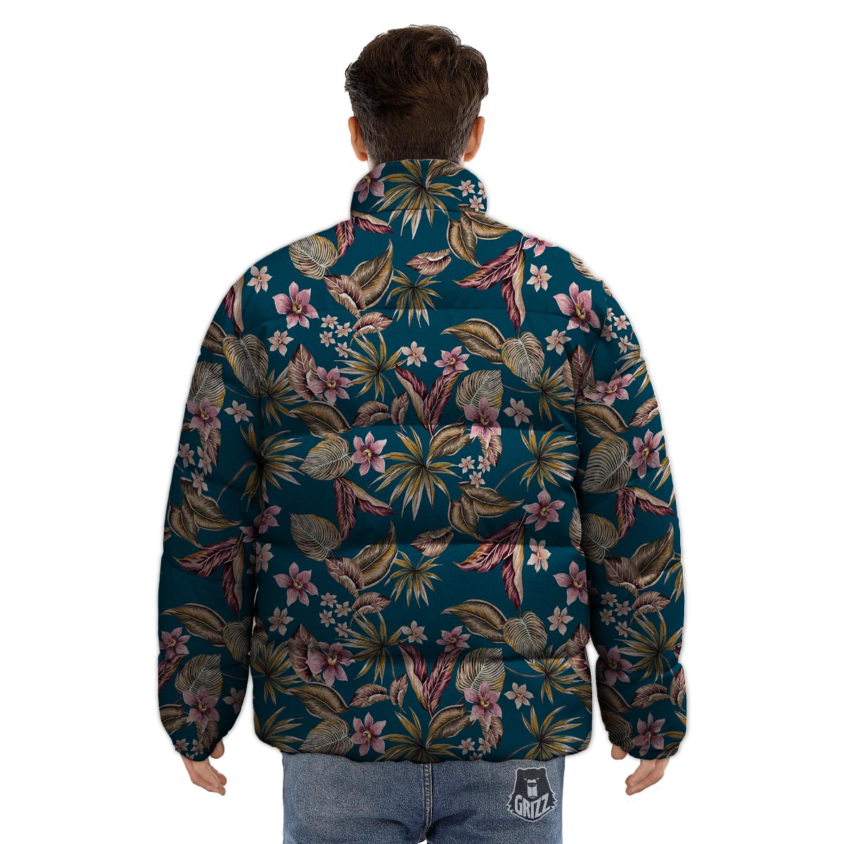 Tropical Teal Print Pattern Puffer Jacket-grizzshop