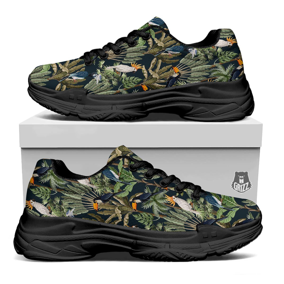 Tropical Toucan Parrot Print Pattern Black Chunky Shoes-grizzshop
