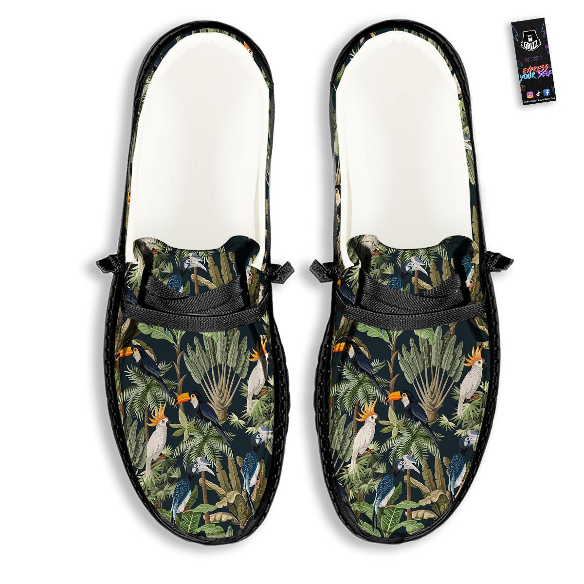 Tropical Toucan Parrot Print Pattern Black Loafers-grizzshop