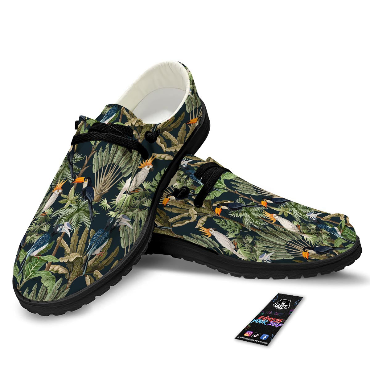 Tropical Toucan Parrot Print Pattern Black Loafers-grizzshop