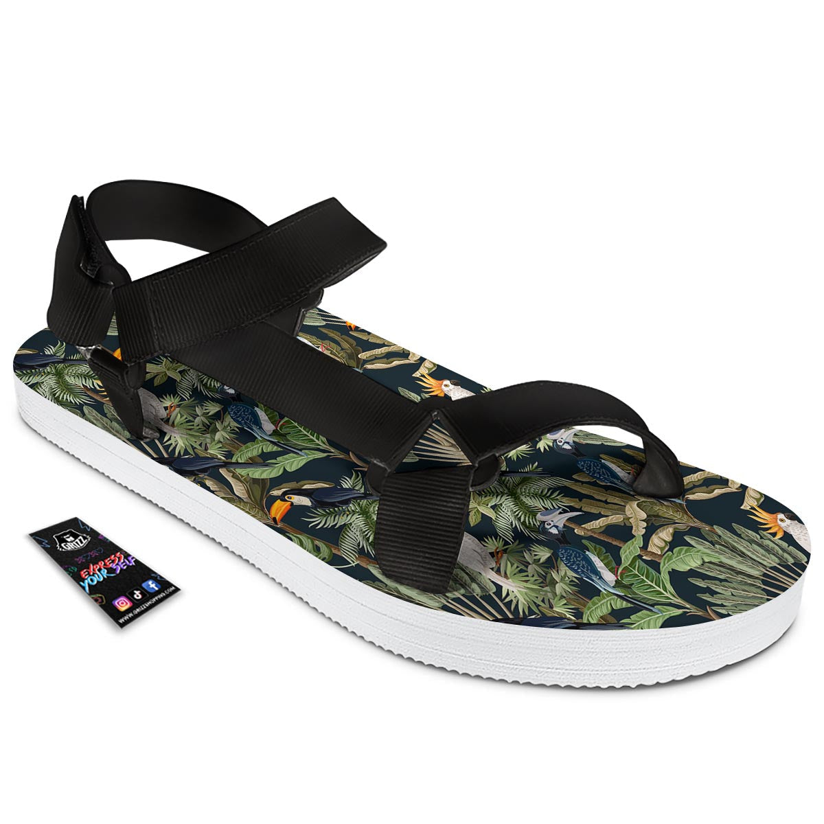 Tropical Toucan Parrot Print Pattern Black Open Toe Sandals-grizzshop