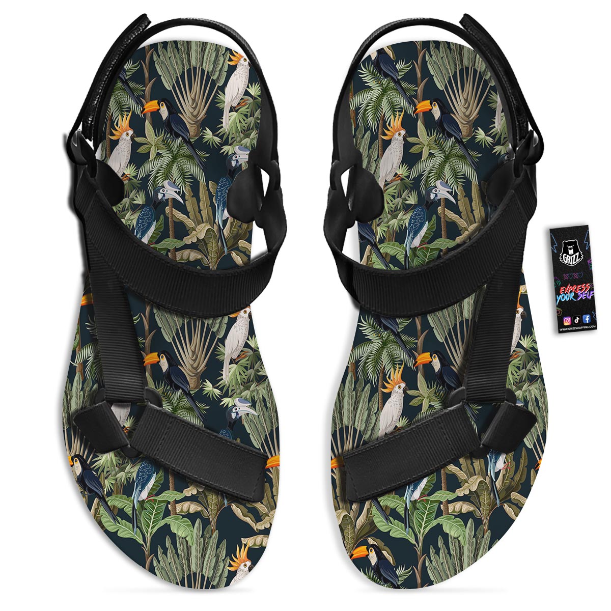 Tropical Toucan Parrot Print Pattern Black Open Toe Sandals-grizzshop