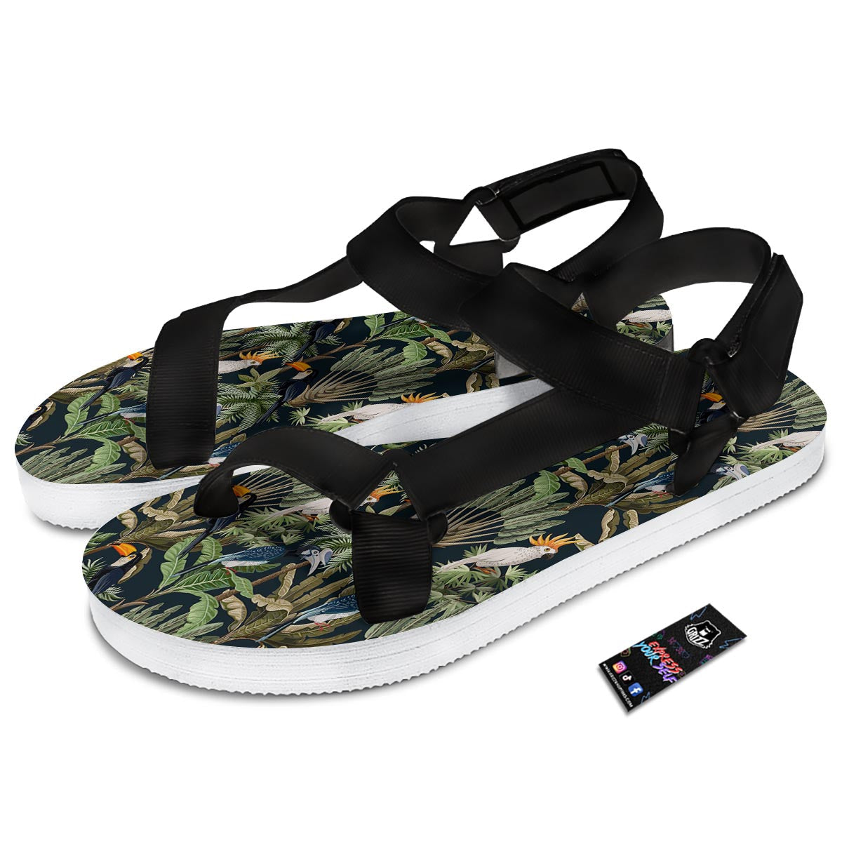 Tropical Toucan Parrot Print Pattern Black Open Toe Sandals-grizzshop