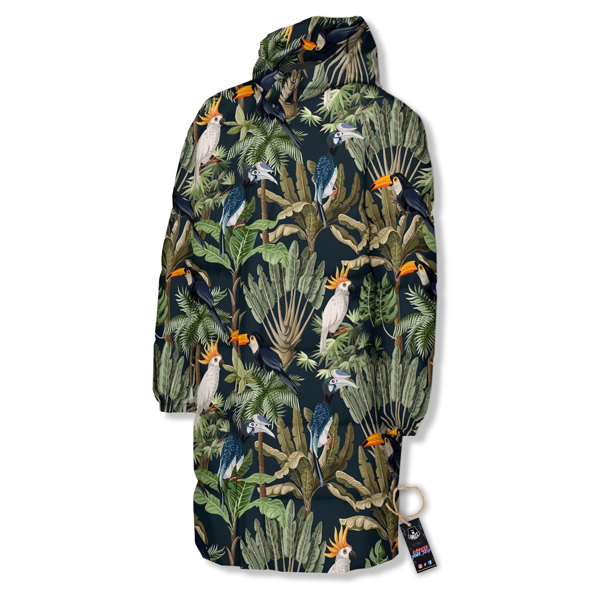 Tropical Toucan Parrot Print Pattern Long Down Jacket-grizzshop