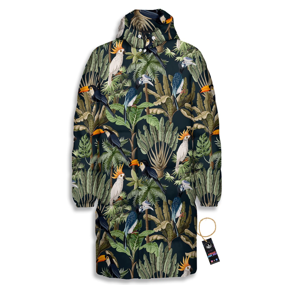 Tropical Toucan Parrot Print Pattern Long Down Jacket-grizzshop