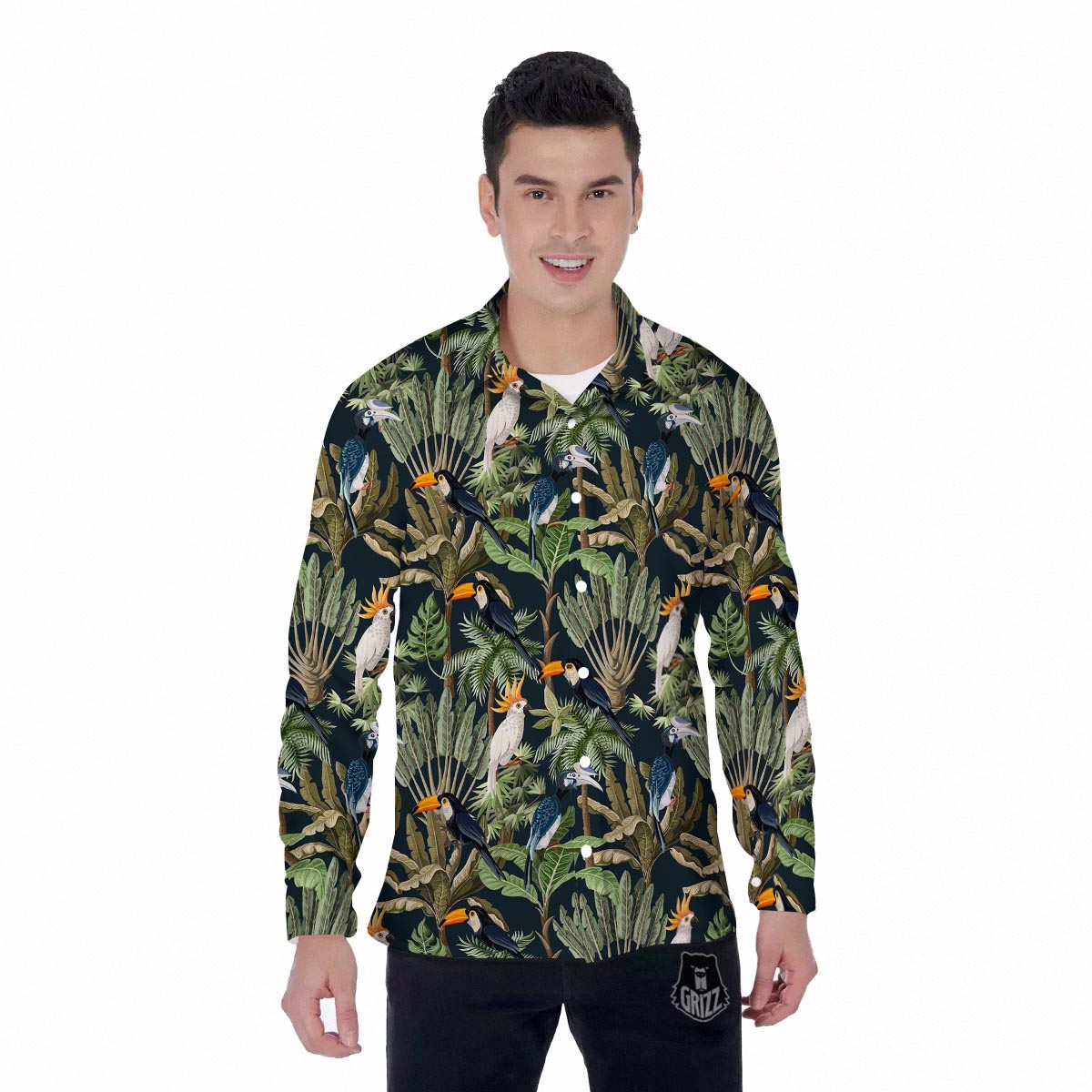 Tropical Toucan Parrot Print Pattern Men's Long Sleeve Shirts-grizzshop