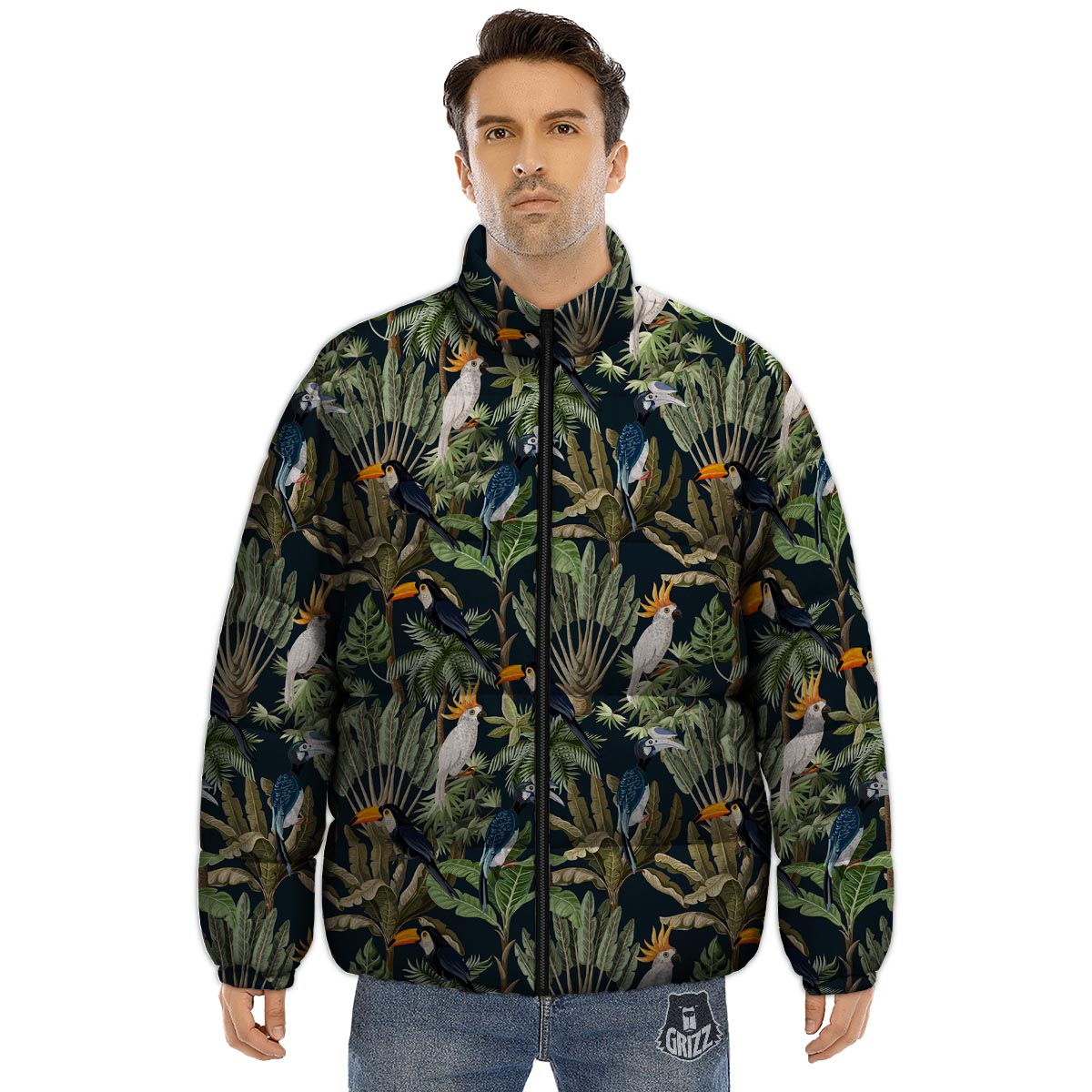 Tropical Toucan Parrot Print Pattern Puffer Jacket-grizzshop