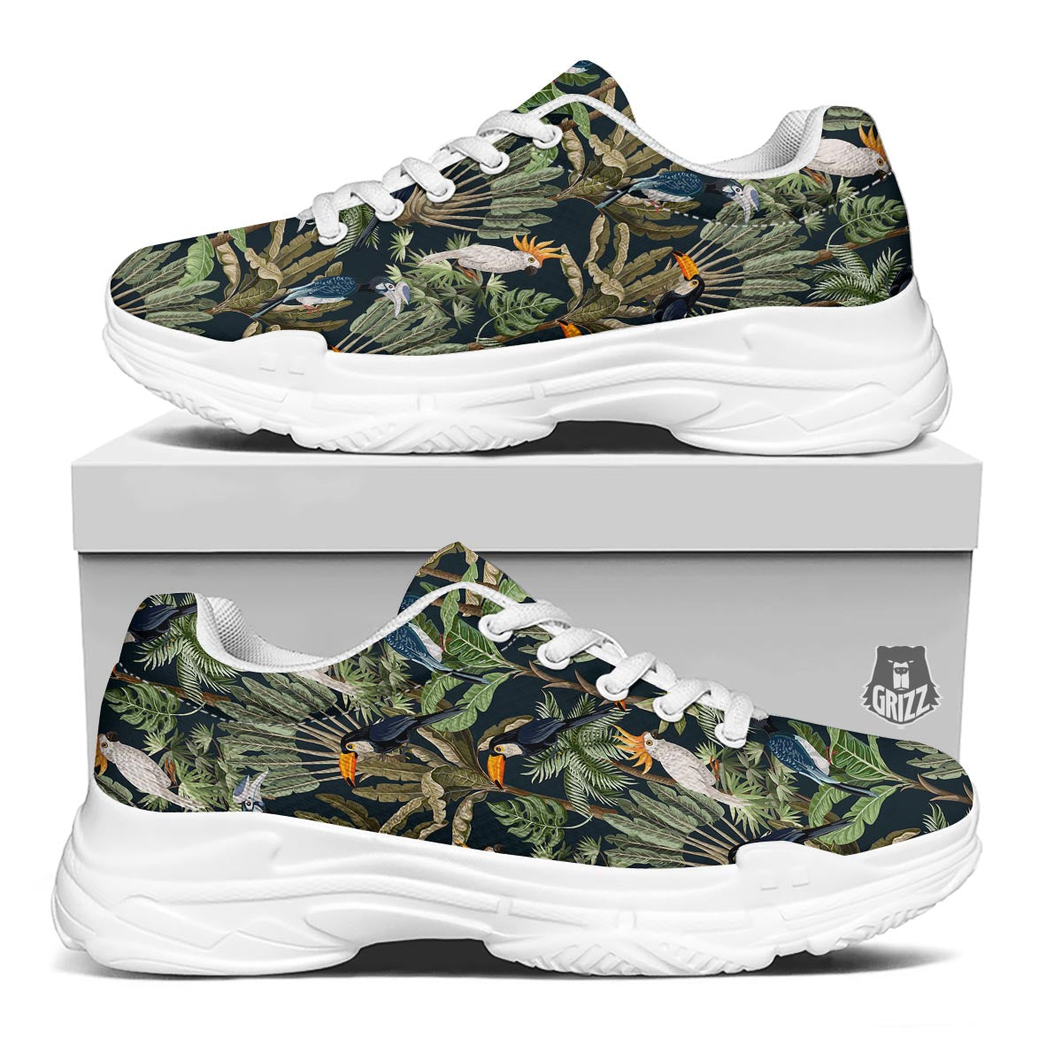 Tropical Toucan Parrot Print Pattern White Chunky Shoes-grizzshop