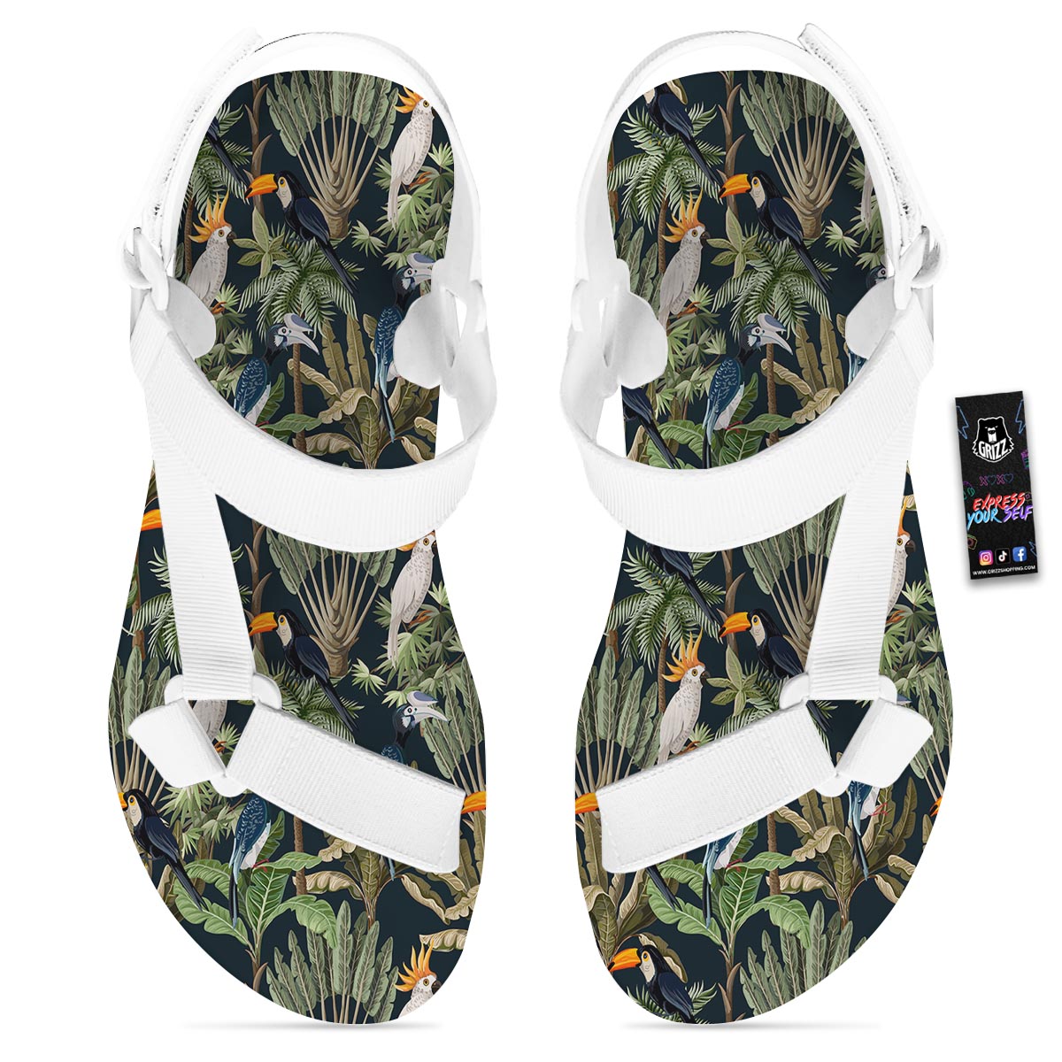 Tropical Toucan Parrot Print Pattern White Open Toe Sandals-grizzshop