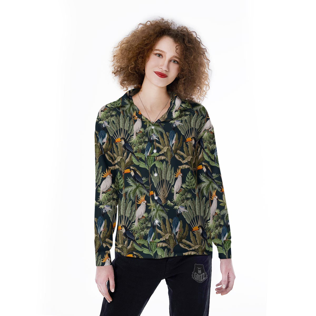Tropical Toucan Parrot Print Pattern Women's Long Sleeve Shirts-grizzshop