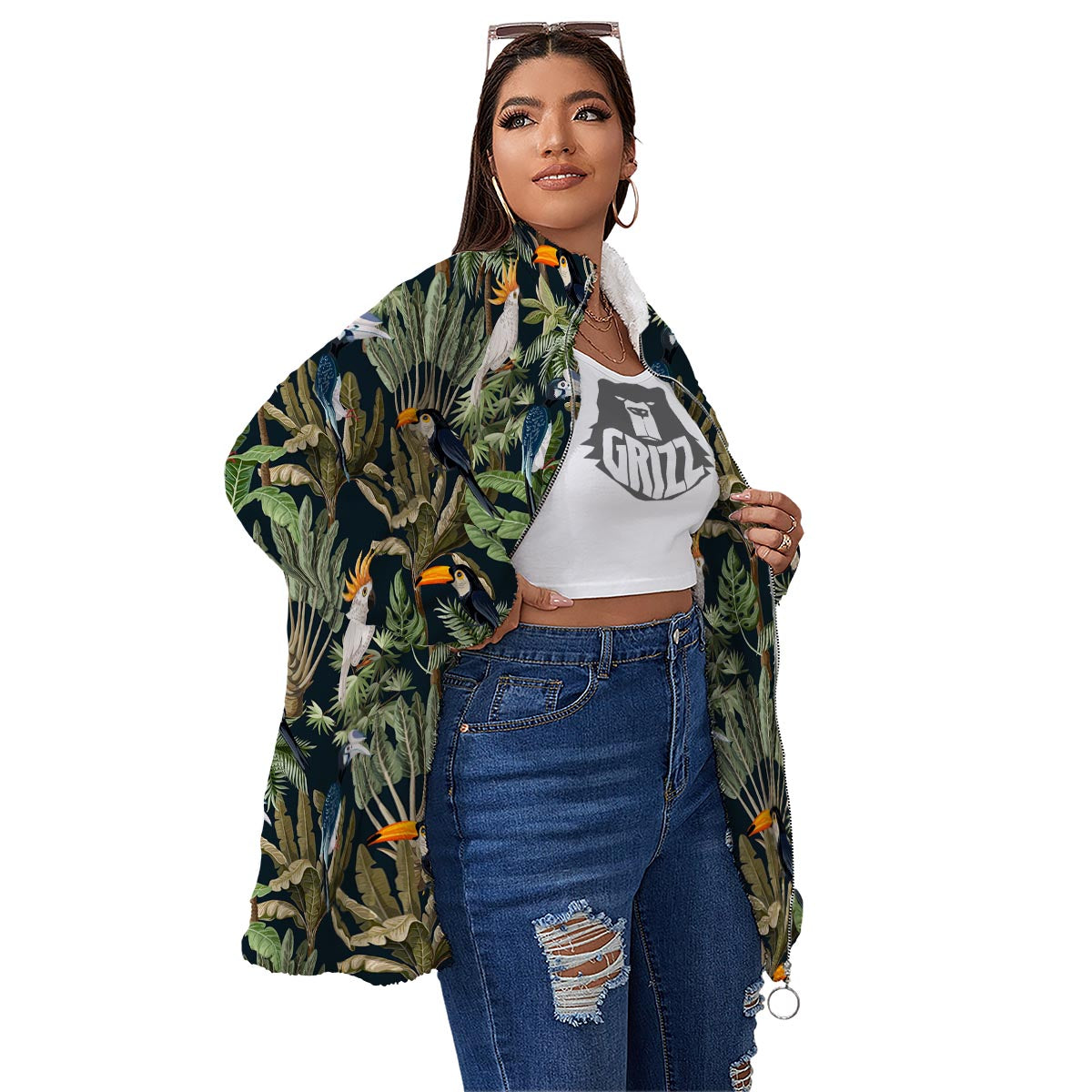 Tropical Toucan Parrot Print Pattern Women's Sherpa Jacket-grizzshop