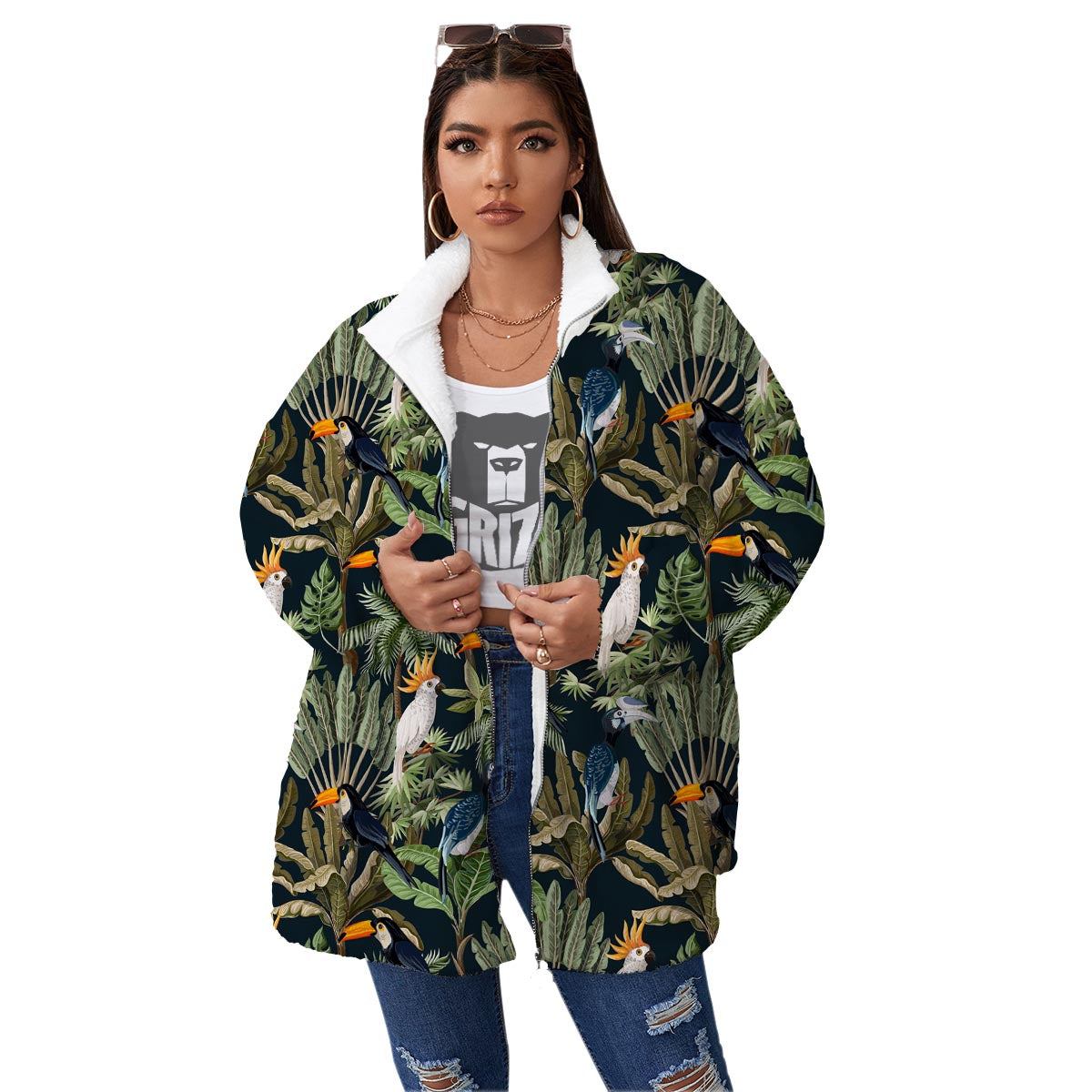 Tropical Toucan Parrot Print Pattern Women's Sherpa Jacket-grizzshop