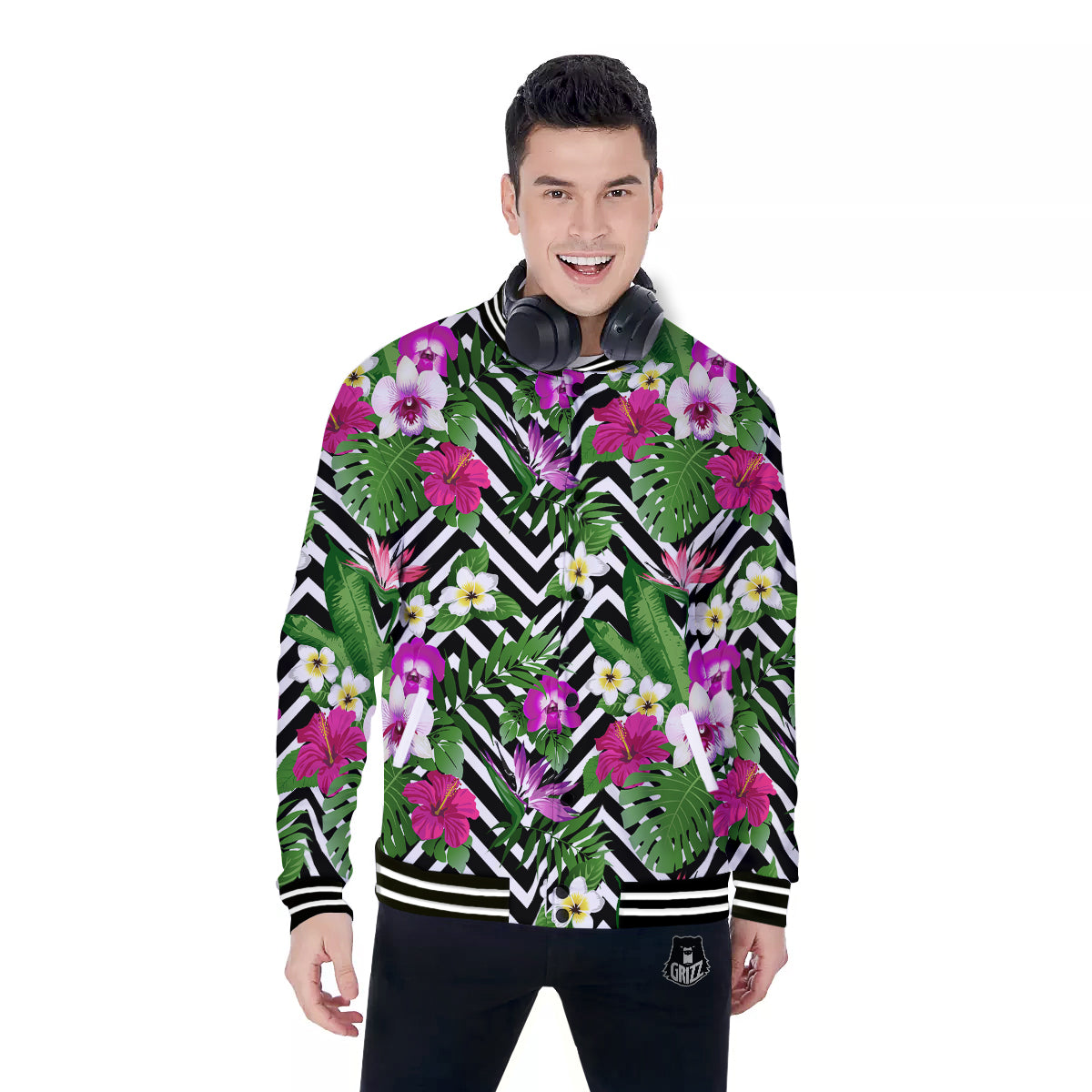 Tropical Zig Zag Print Pattern Baseball Jacket-grizzshop