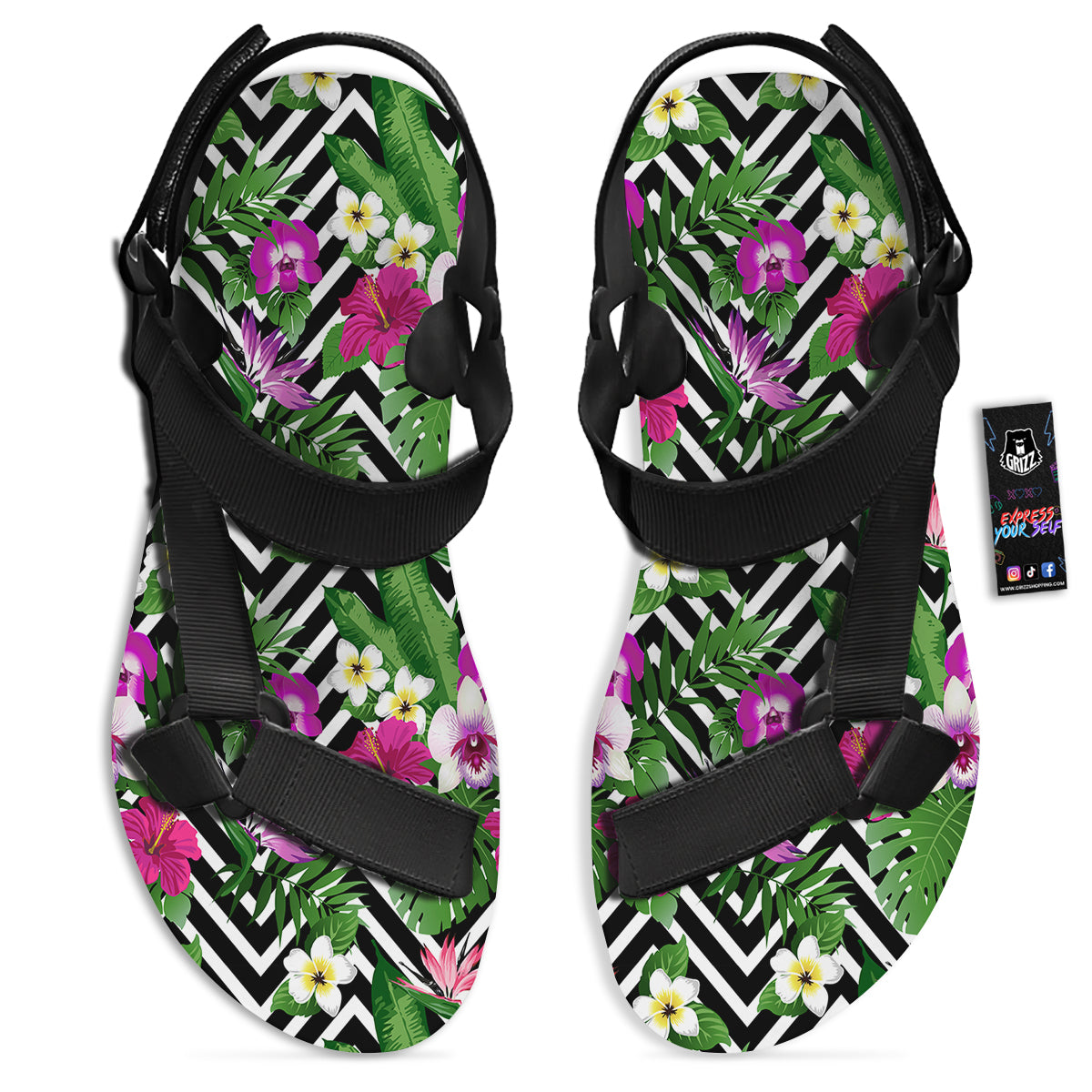 Tropical Zig Zag Print Pattern Black Open Toe Sandals-grizzshop