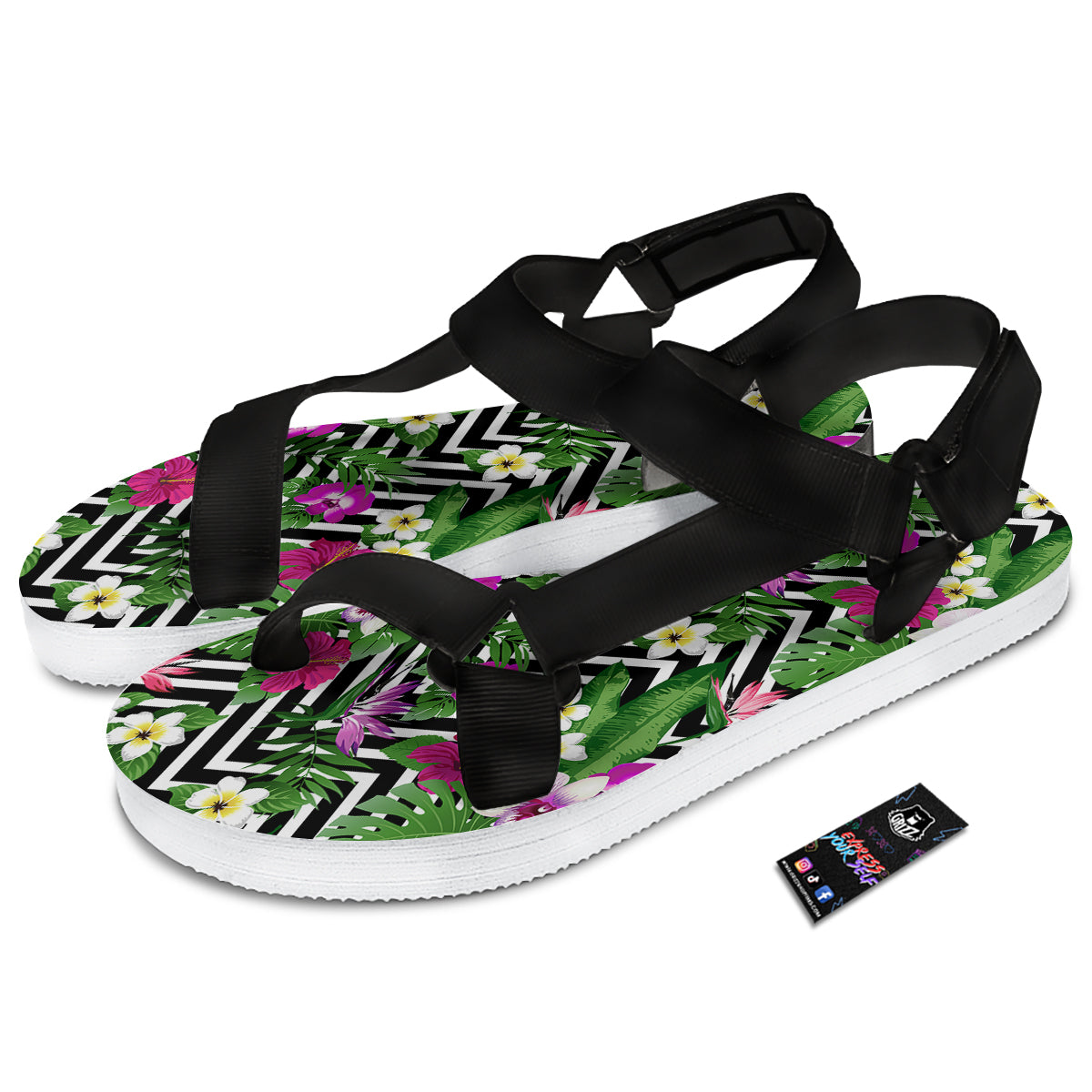 Tropical Zig Zag Print Pattern Black Open Toe Sandals-grizzshop