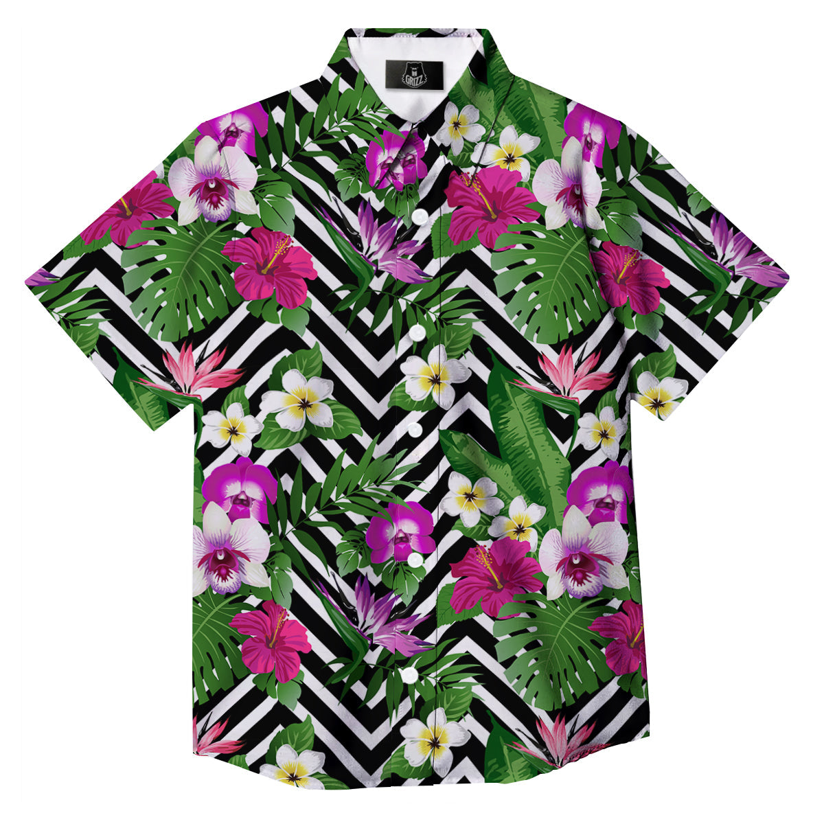 Tropical Zig Zag Print Pattern Button Up Shirt-grizzshop