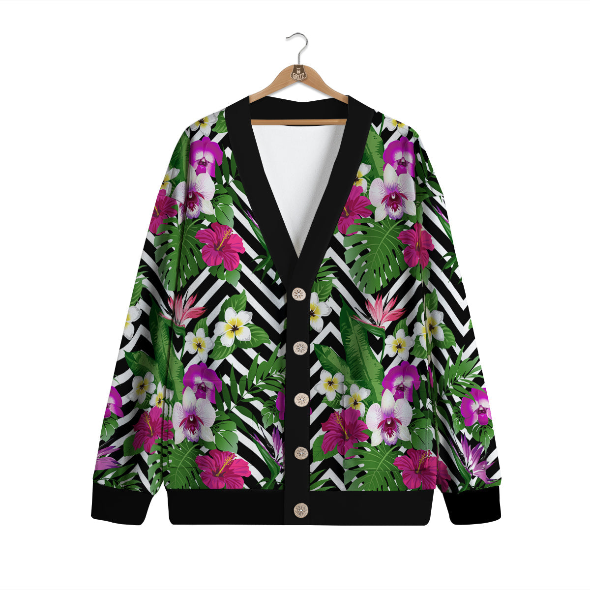 Tropical Zig Zag Print Pattern Cardigan-grizzshop