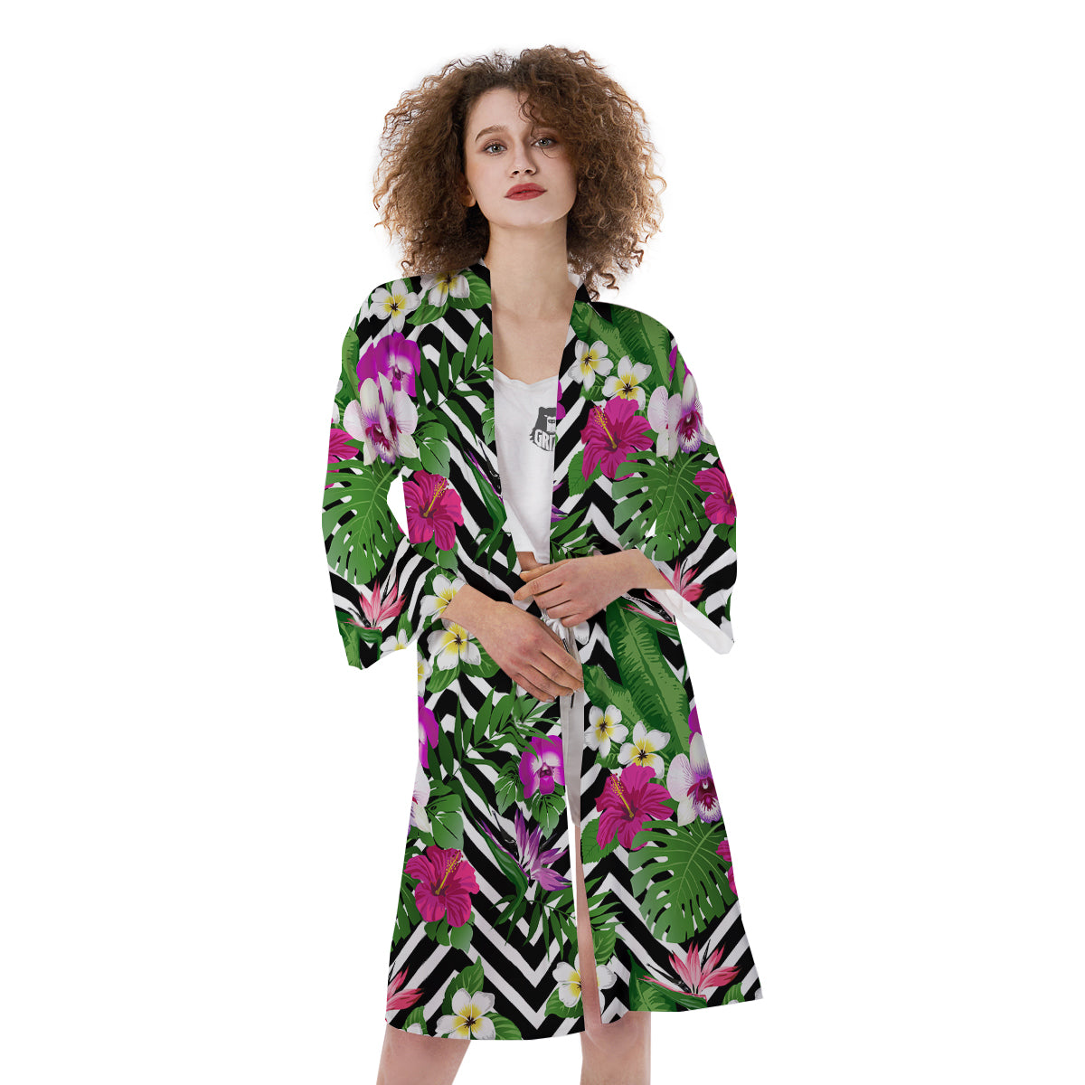 Tropical Zig Zag Print Pattern Kimono-grizzshop