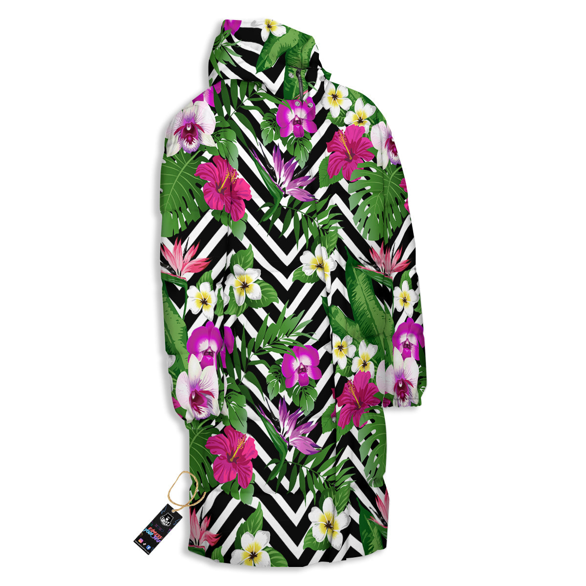 Tropical Zig Zag Print Pattern Long Down Jacket-grizzshop