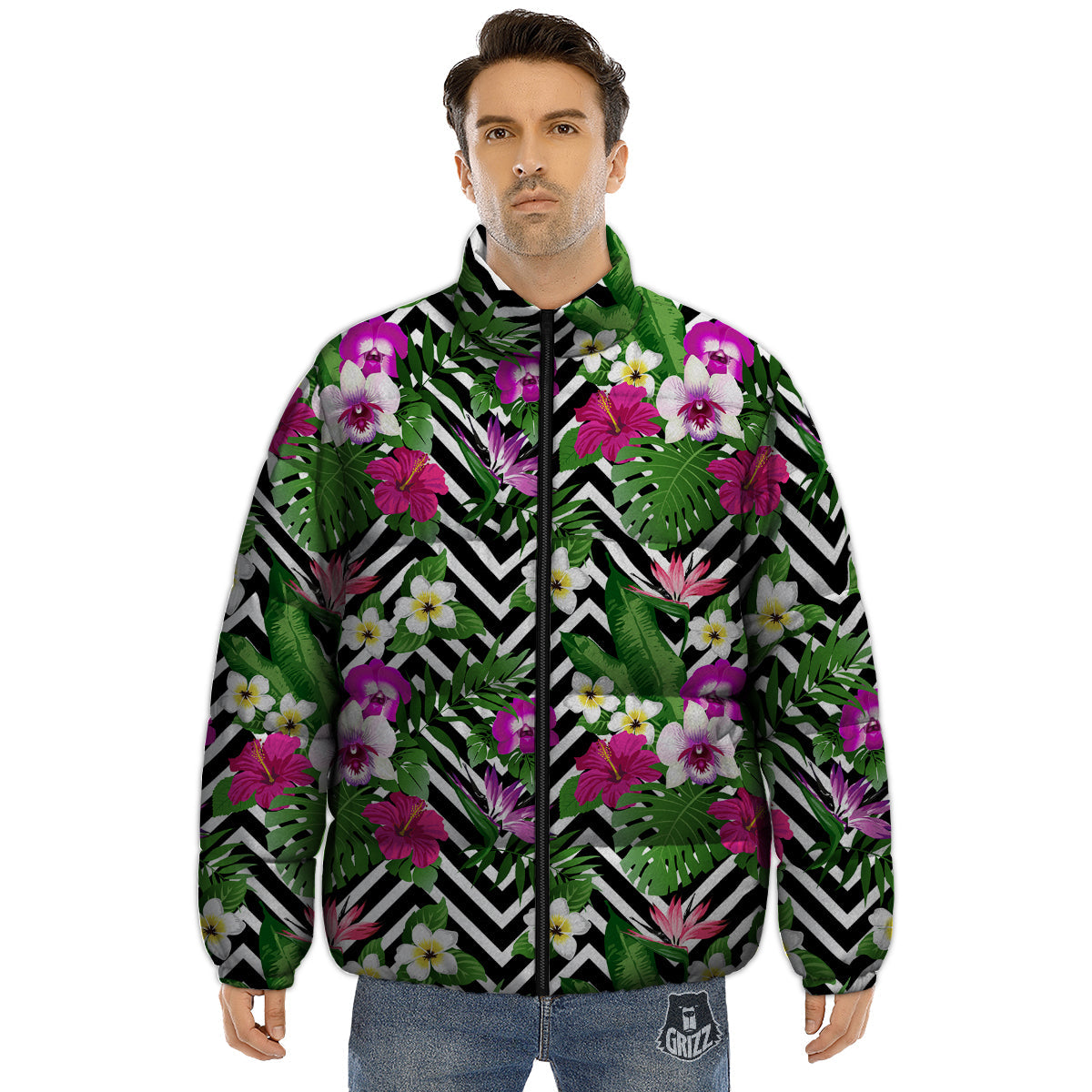 Tropical Zig Zag Print Pattern Puffer Jacket-grizzshop
