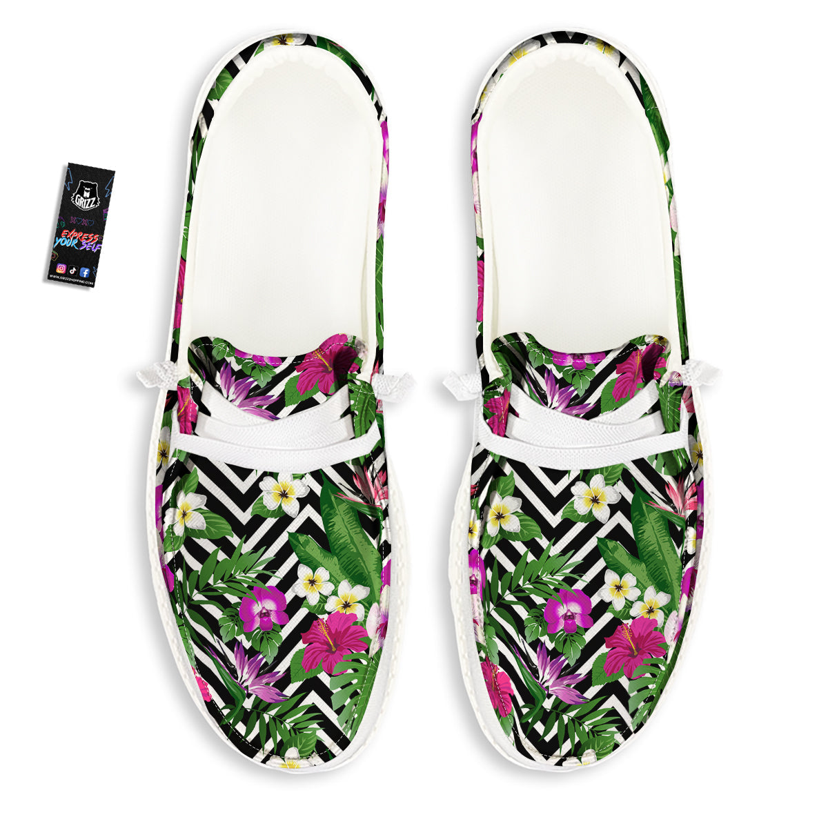Tropical Zig Zag Print Pattern White Loafers-grizzshop