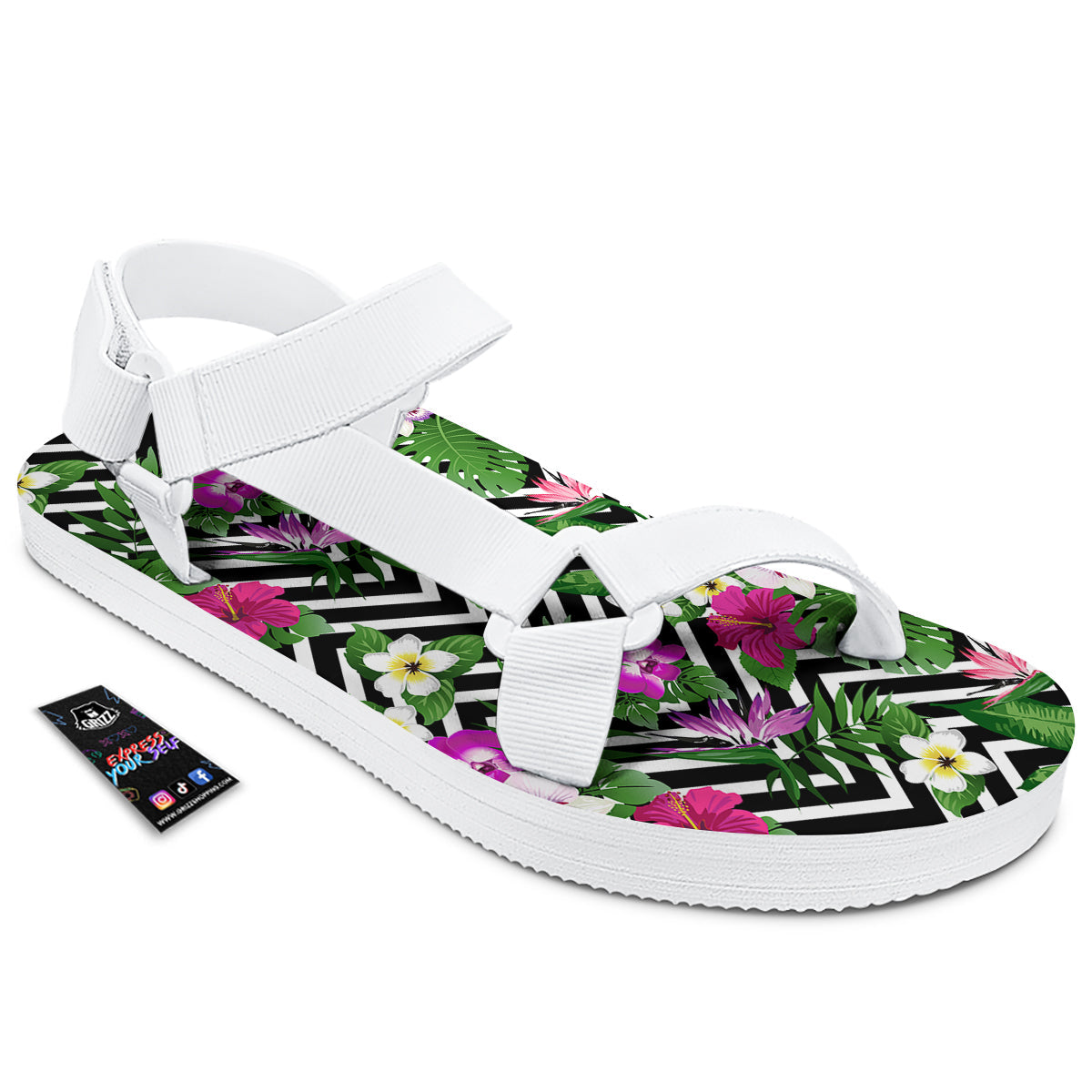 Tropical Zig Zag Print Pattern White Open Toe Sandals-grizzshop