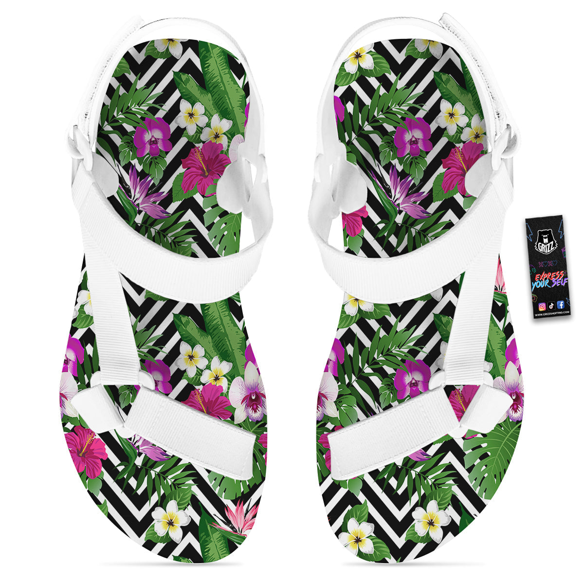 Tropical Zig Zag Print Pattern White Open Toe Sandals-grizzshop