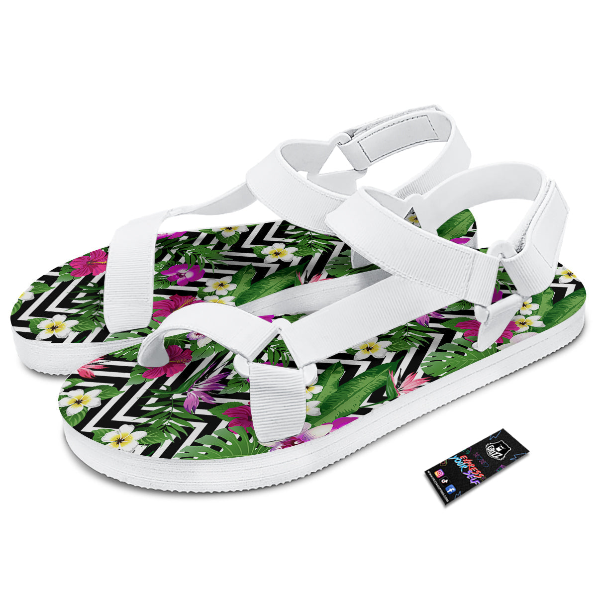 Tropical Zig Zag Print Pattern White Open Toe Sandals-grizzshop