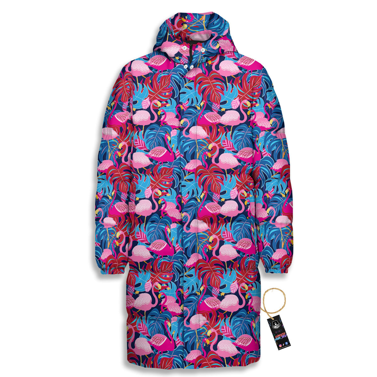 Tropical Blue And Pink Flamingo Print Long Down Jacket