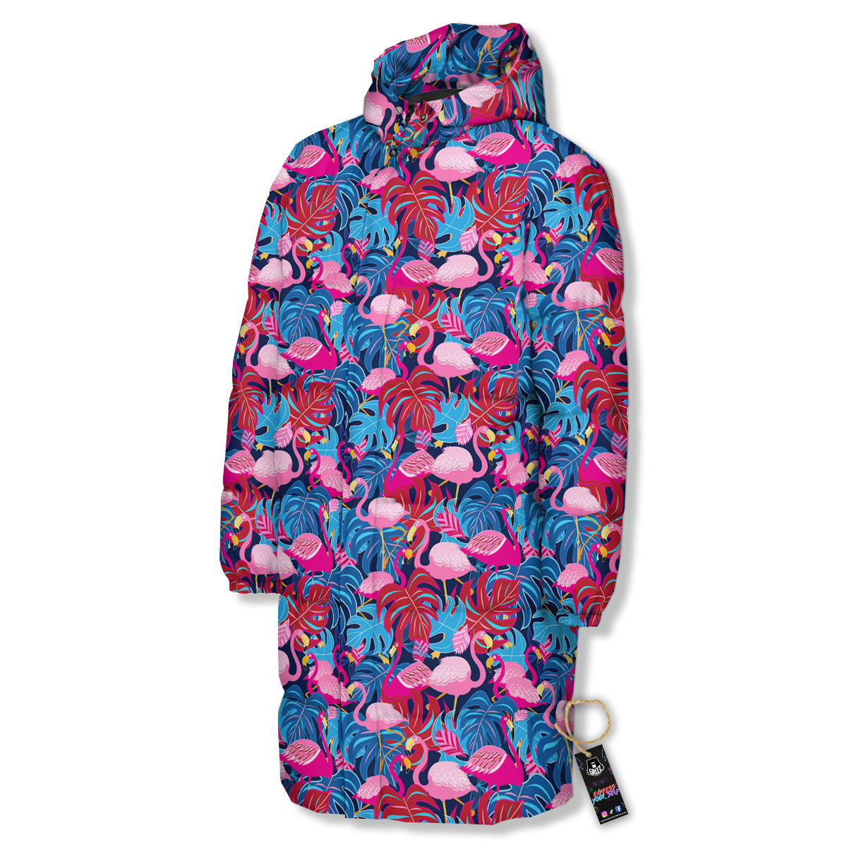 Tropical Blue And Pink Flamingo Print Long Down Jacket