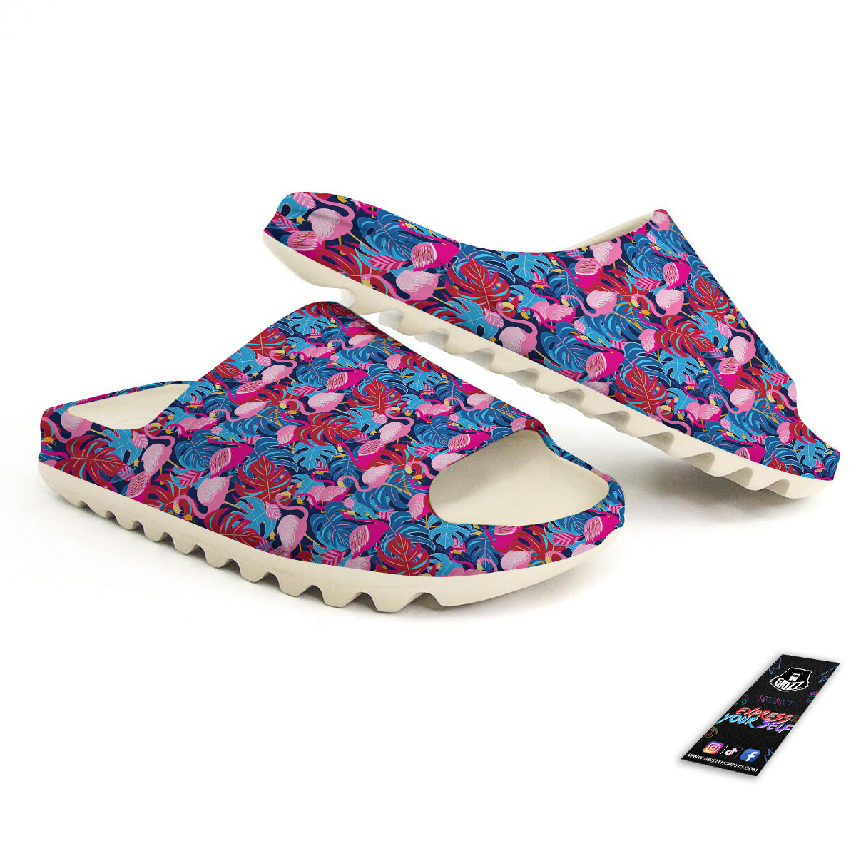 Tropical Blue And Pink Flamingo Print Sandals-grizzshop