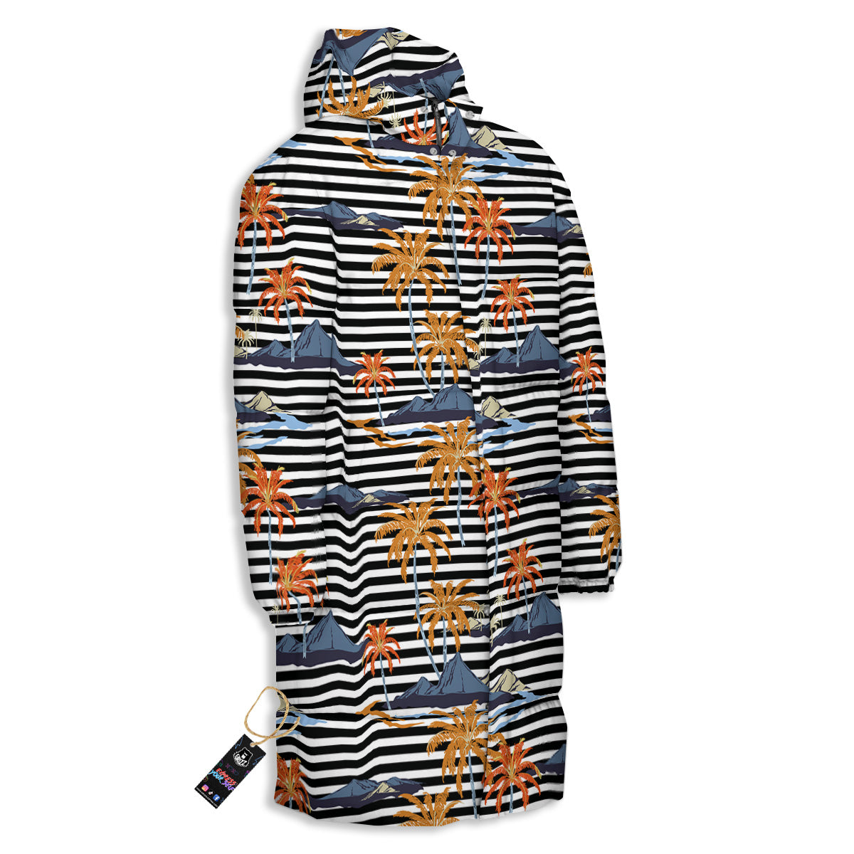 Tropical Island And Stripes Print Pattern Long Down Jacket