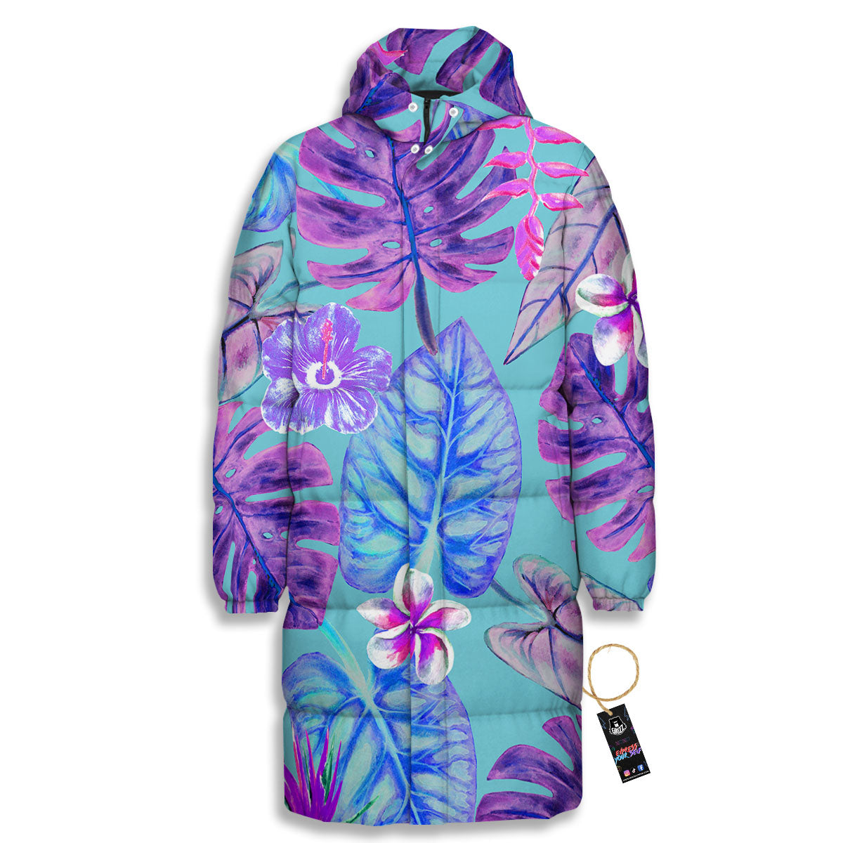 Tropical Leaf Teal And Purple Print Long Down Jacket