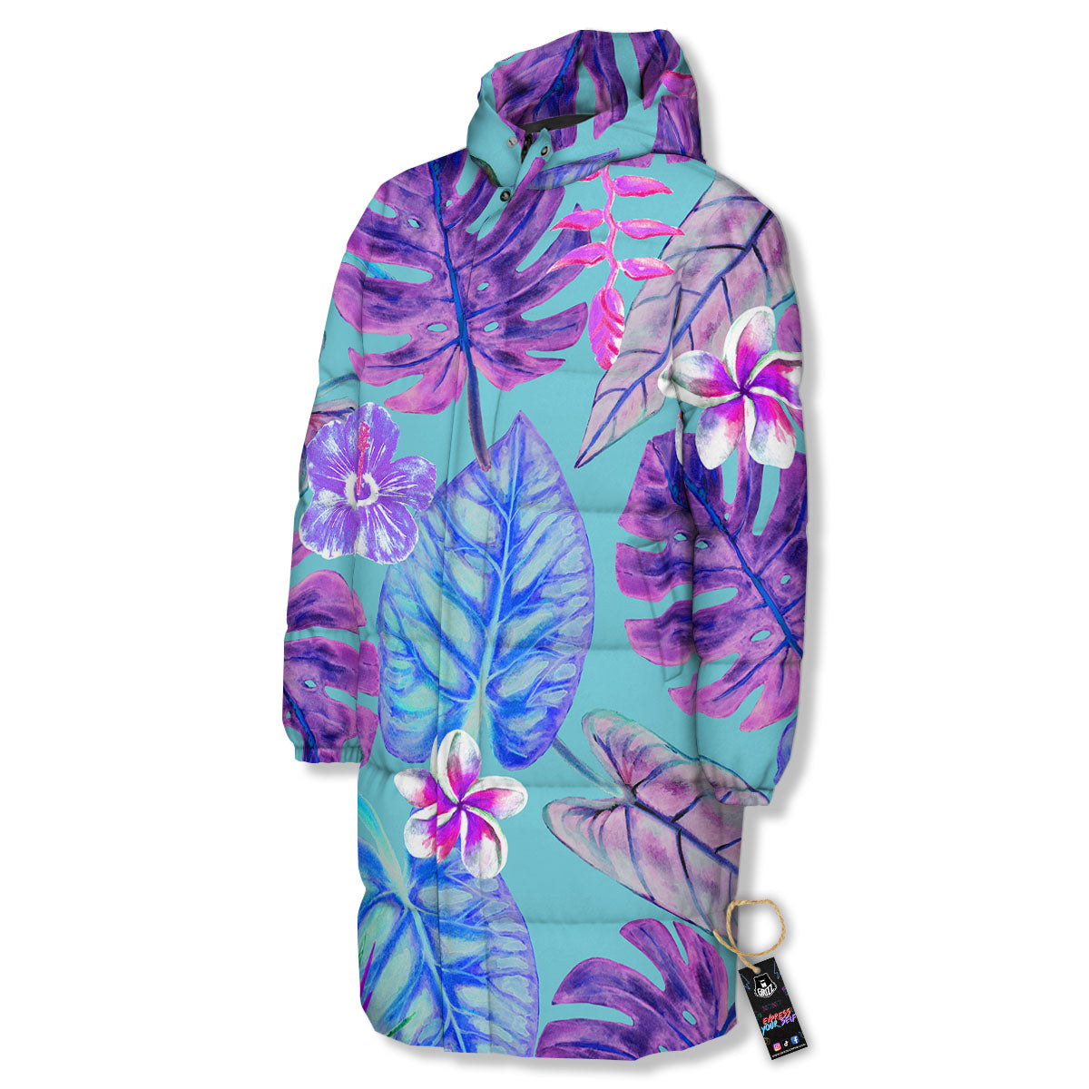 Tropical Leaf Teal And Purple Print Long Down Jacket