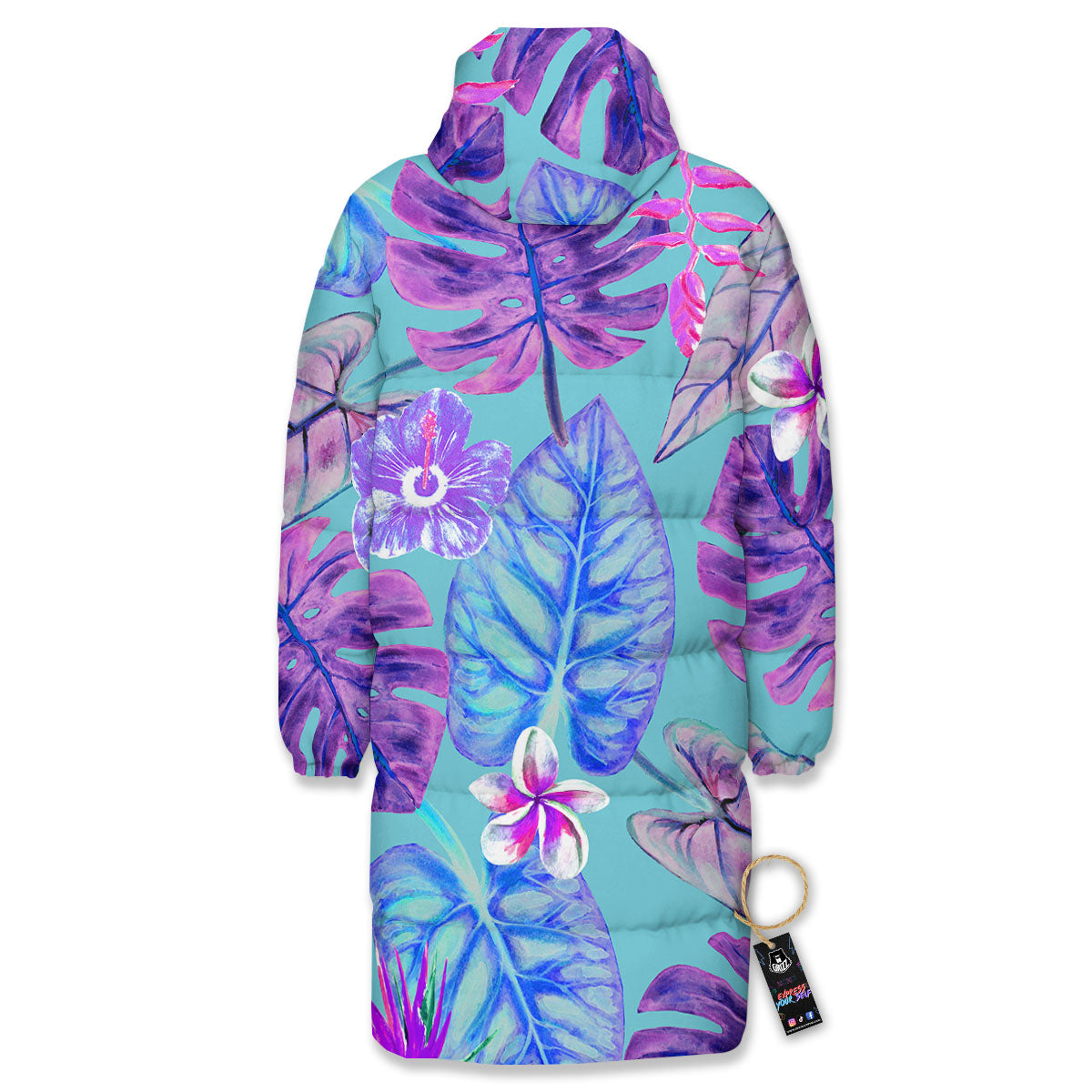 Tropical Leaf Teal And Purple Print Long Down Jacket
