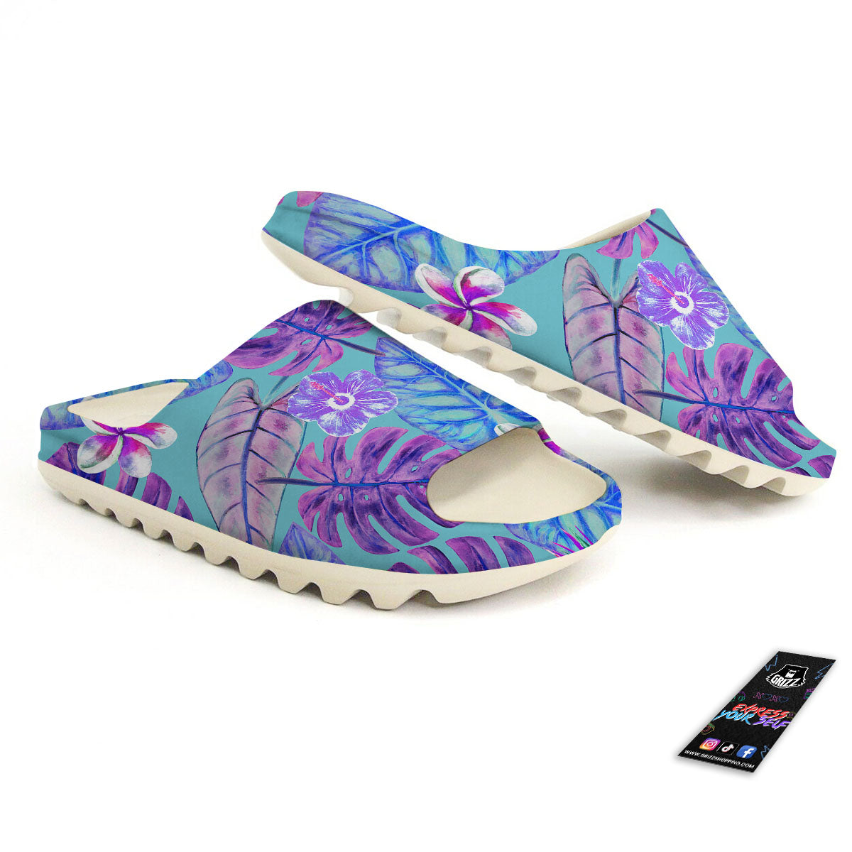 Tropical Leaf Teal And Purple Print Sandals-grizzshop