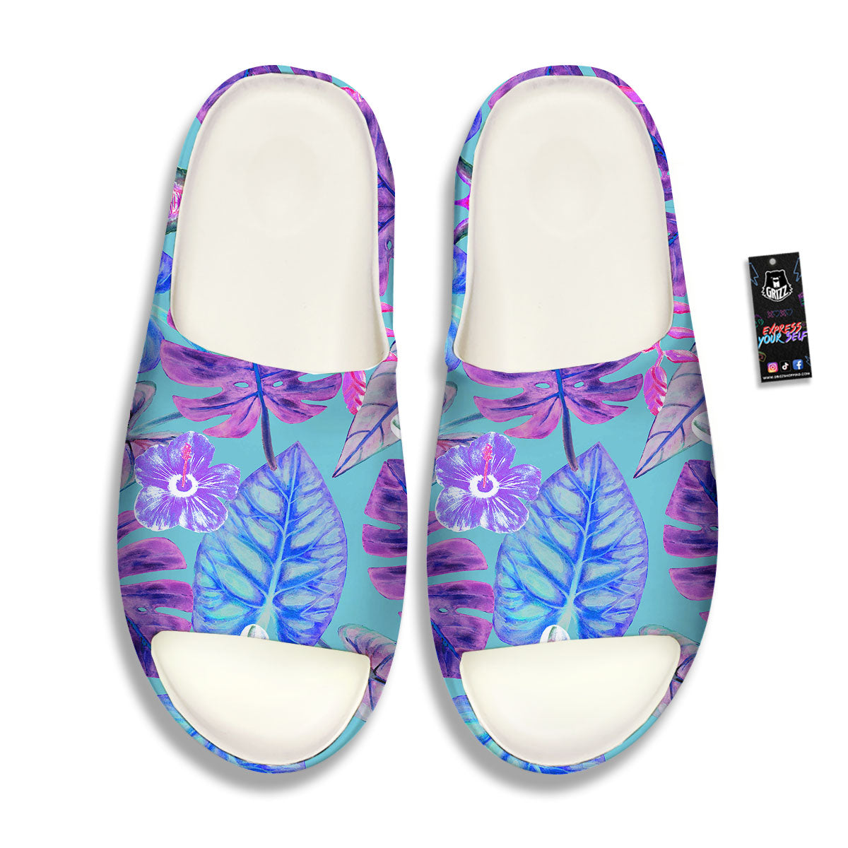 Tropical Leaf Teal And Purple Print Sandals-grizzshop