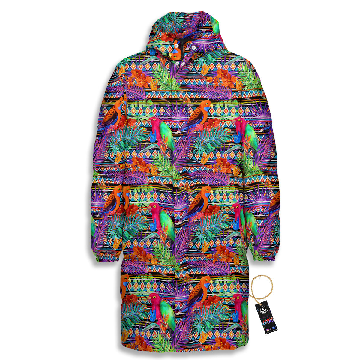 Tropical Leaves Exotic Bird Aztec Print Pattern Long Down Jacket
