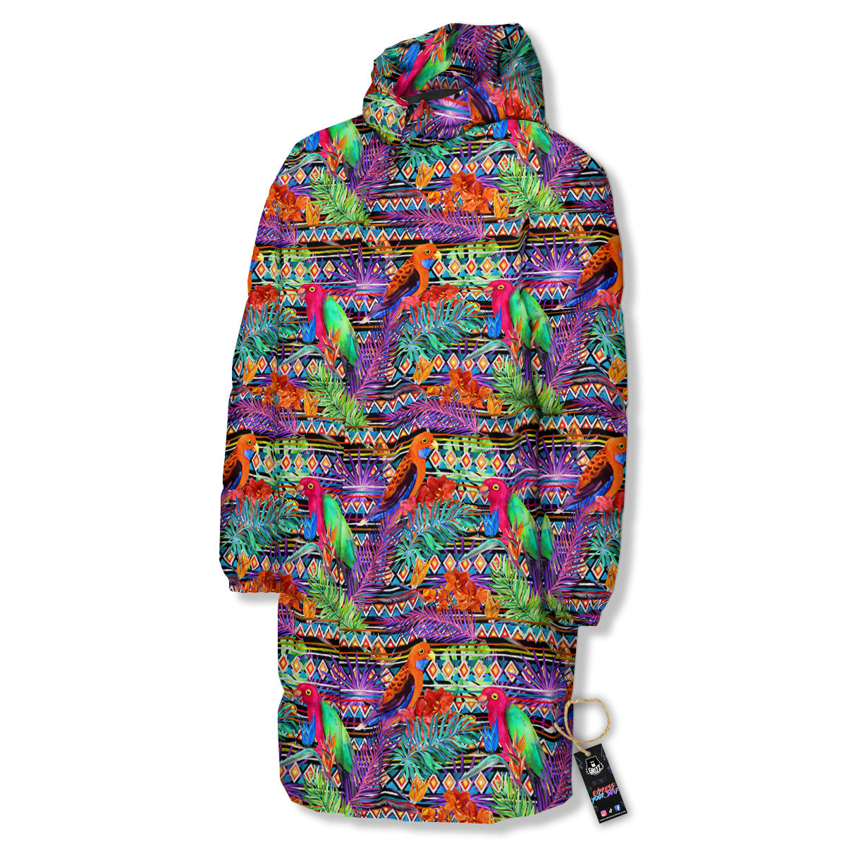 Tropical Leaves Exotic Bird Aztec Print Pattern Long Down Jacket