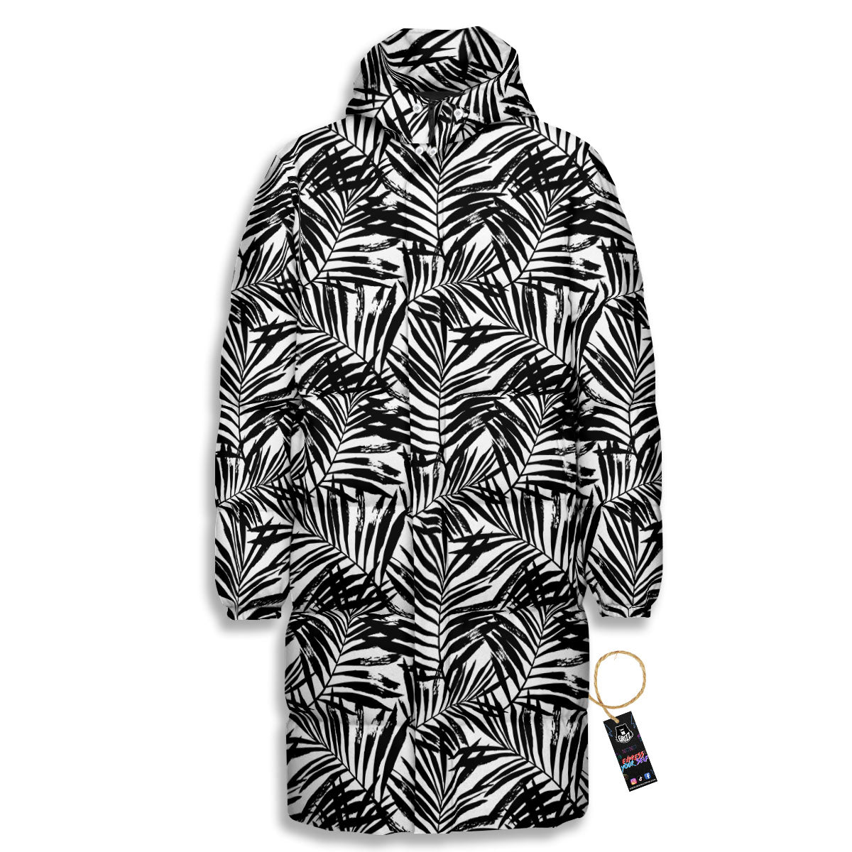 Tropical Palm Leaf White And Black Print Long Down Jacket