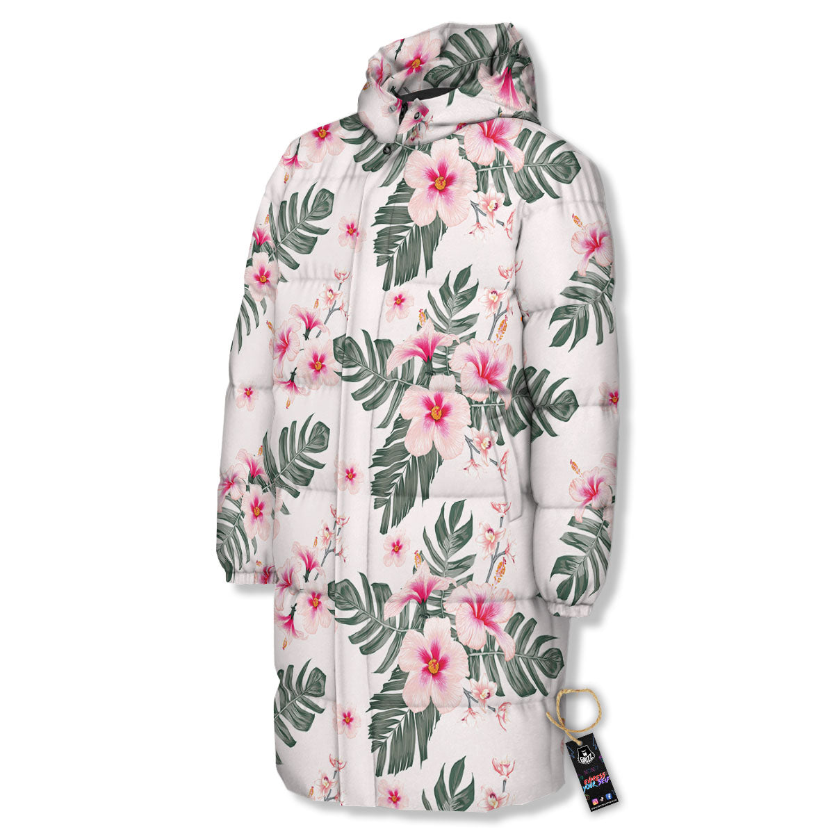 Tropical Pink Hibiscus Print Pattern Long Down Jacket