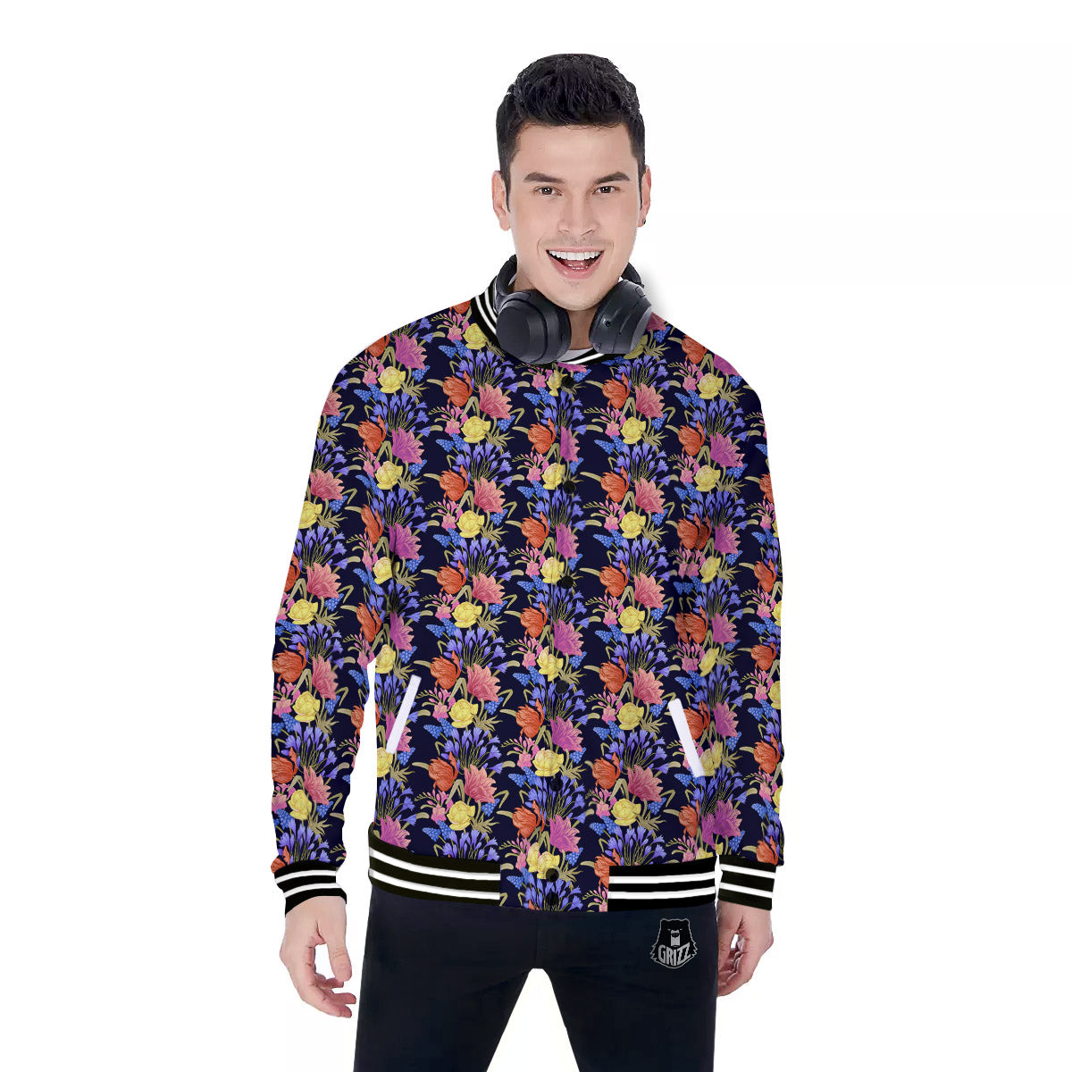 Tulip Colorful Print Pattern Baseball Jacket-grizzshop