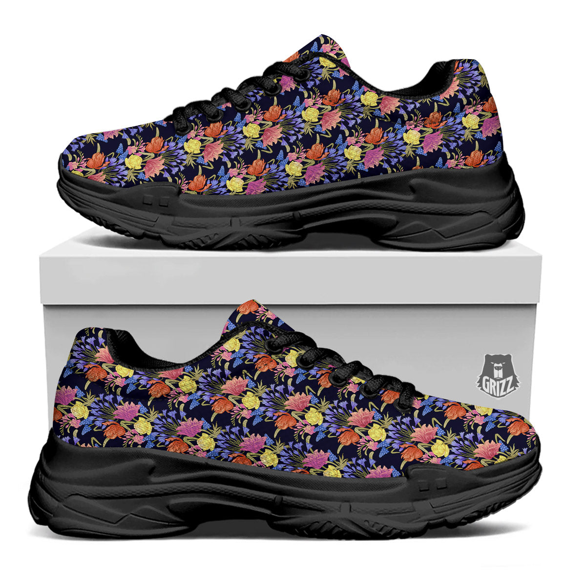 Tulip Colorful Print Pattern Black Chunky Shoes-grizzshop