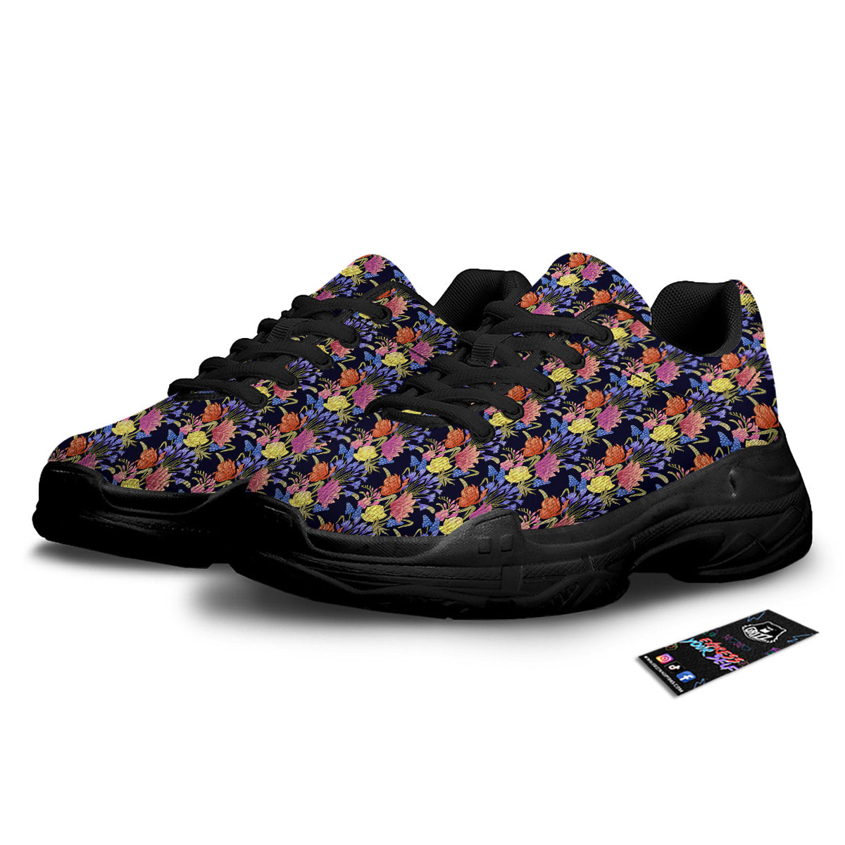 Tulip Colorful Print Pattern Black Chunky Shoes-grizzshop