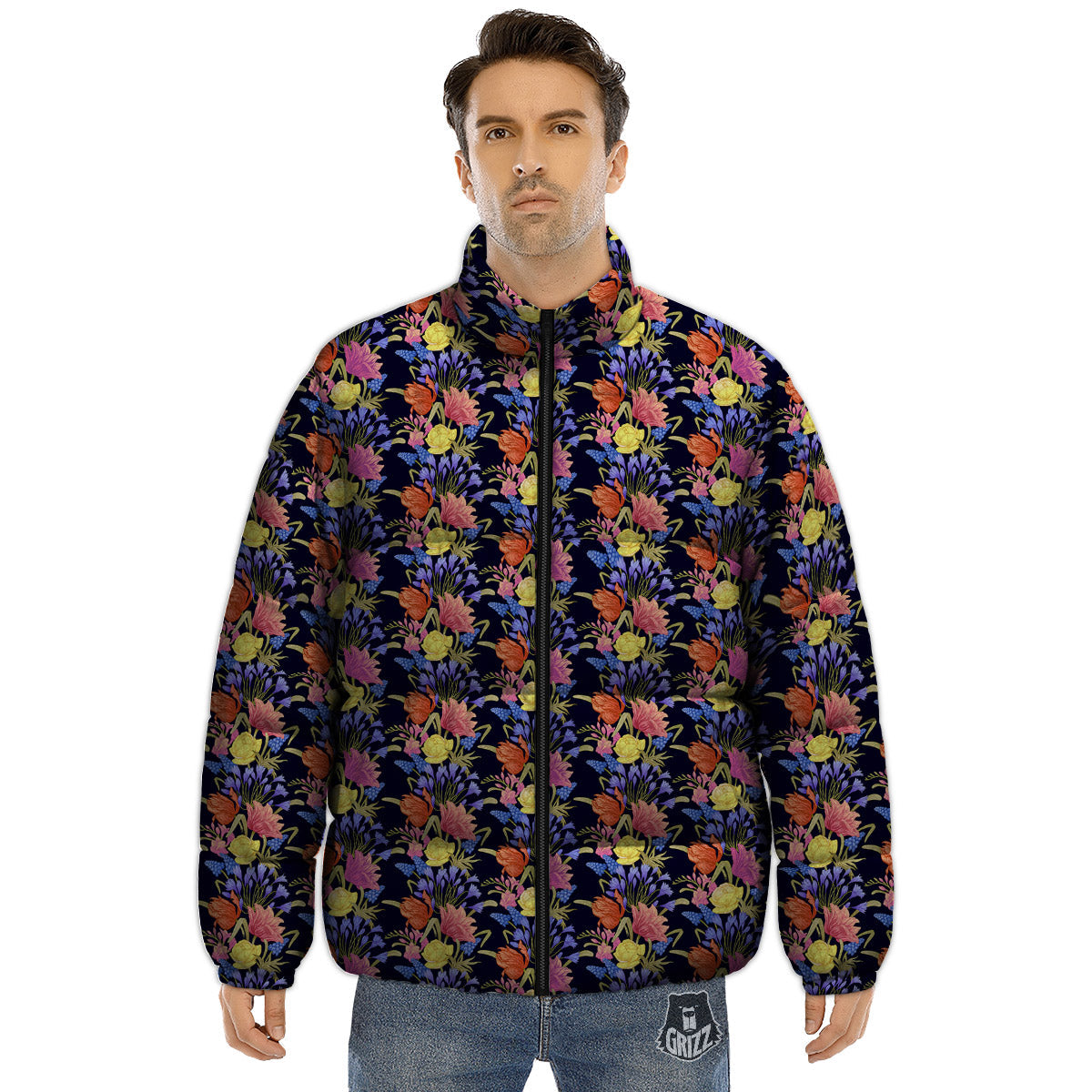 Tulip Colorful Print Pattern Puffer Jacket-grizzshop