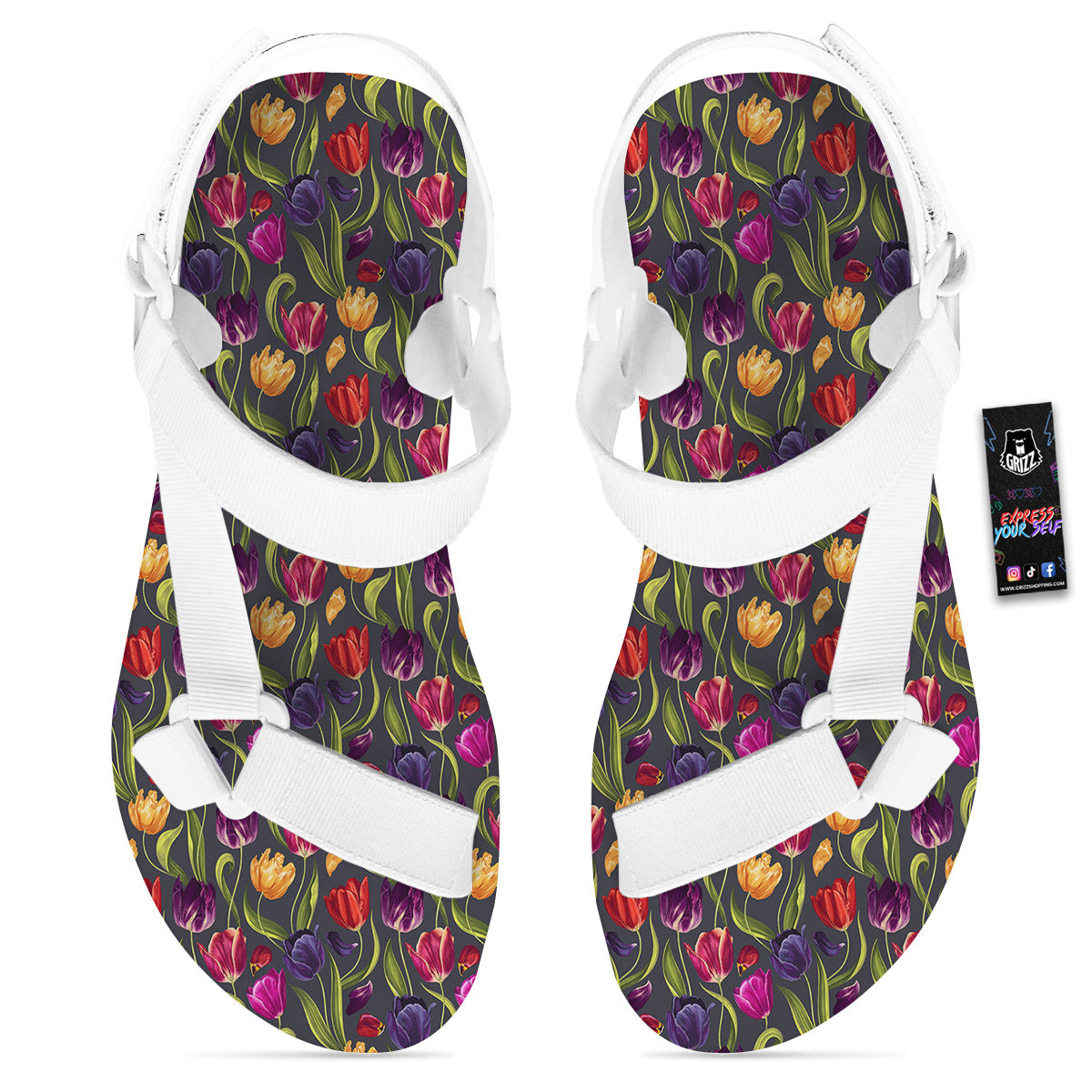Tulip Colorful Watercolor Print Pattern White Open Toe Sandals-grizzshop