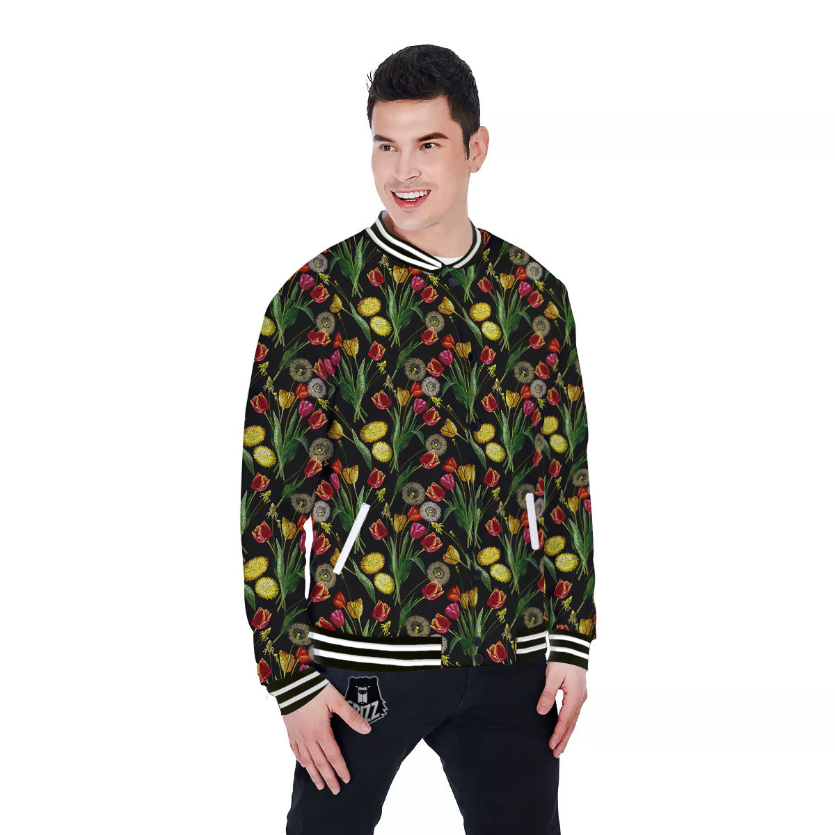 Tulip Embroidery Print Pattern Baseball Jacket-grizzshop