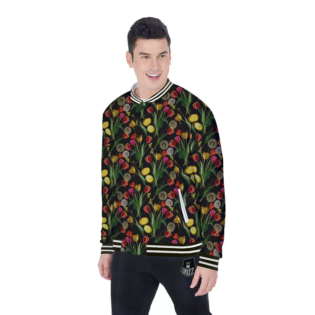 Tulip Embroidery Print Pattern Baseball Jacket-grizzshop