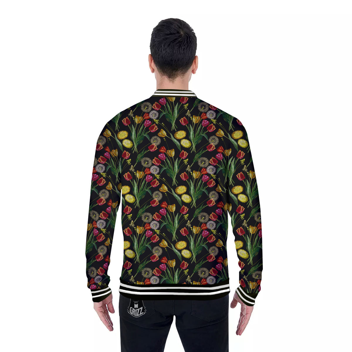 Tulip Embroidery Print Pattern Baseball Jacket-grizzshop