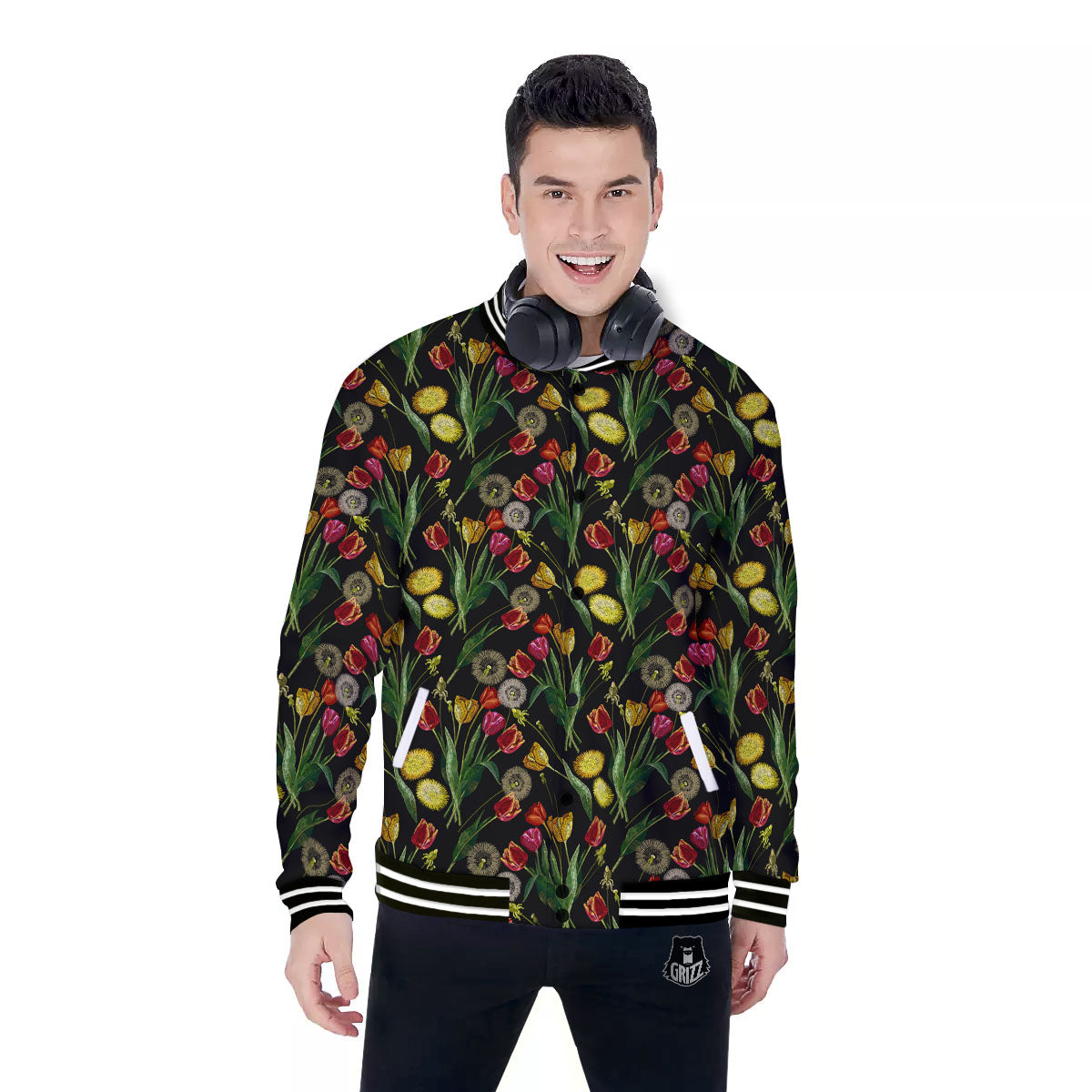 Tulip Embroidery Print Pattern Baseball Jacket-grizzshop